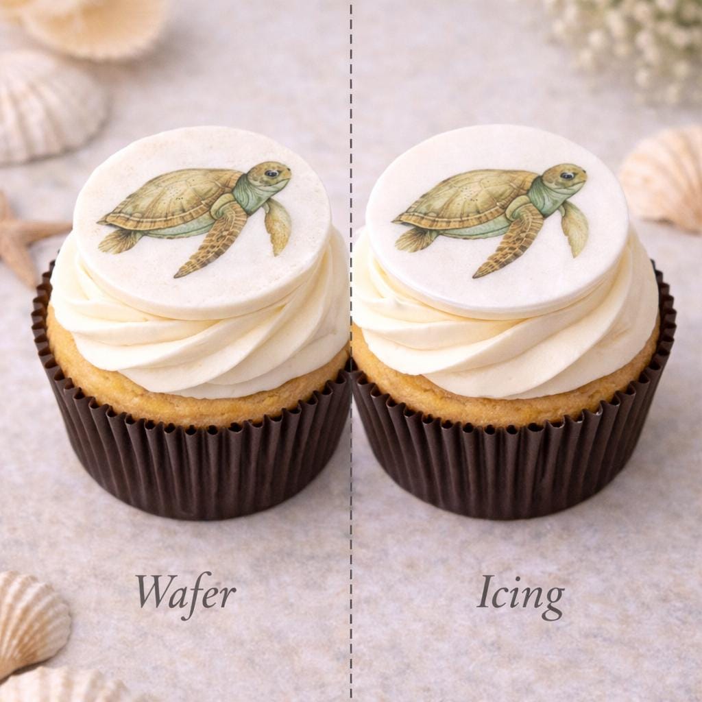 Bespoke Sea Creature Cupcake Toppers Wafer Paper or Icing Sheet Ocean Designs Beach Wedding Party Set of 12