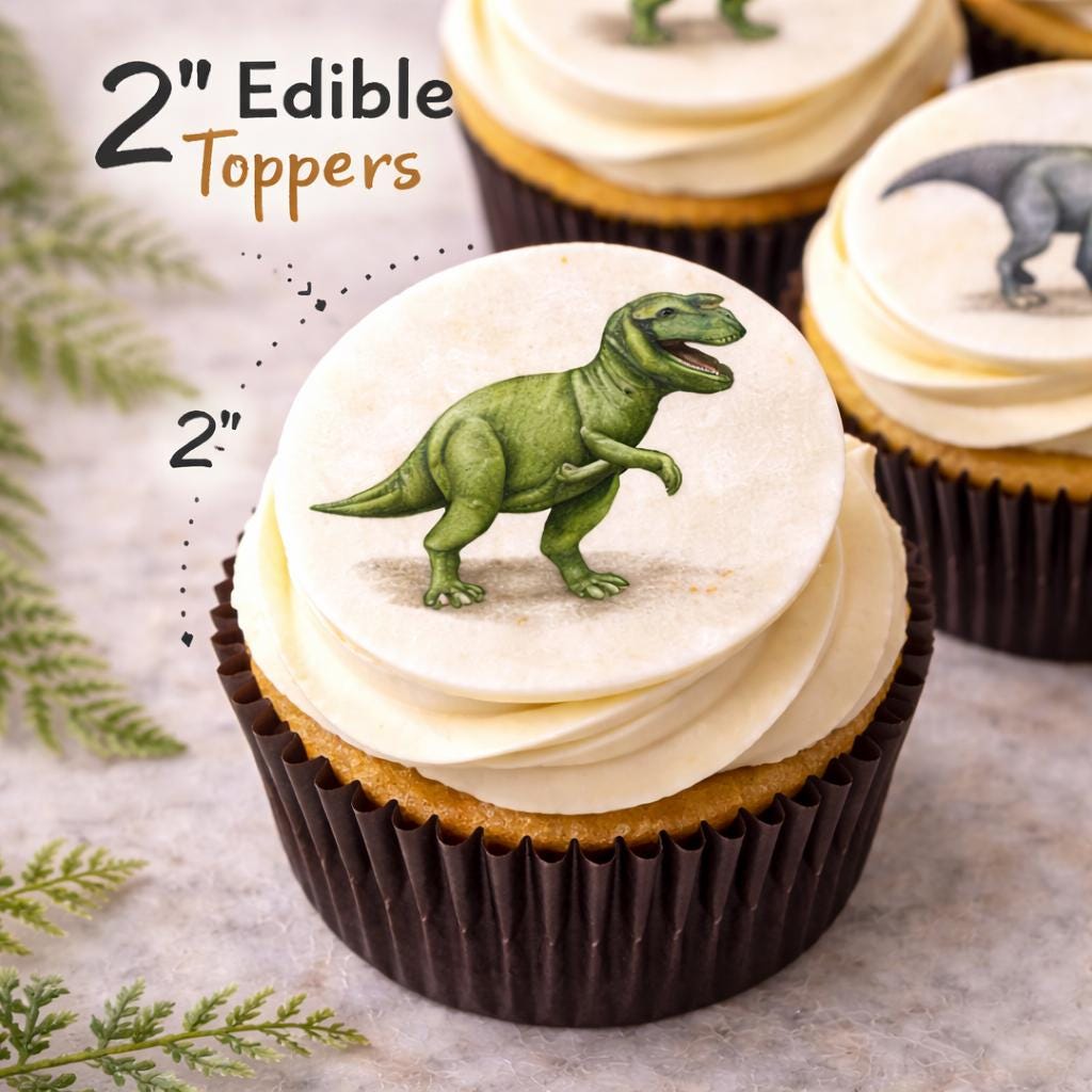 Dinosaur Cupcake Toppers Edible 2 Inch Wafer or Icing Sheet Kids Birthday Party Set of 12