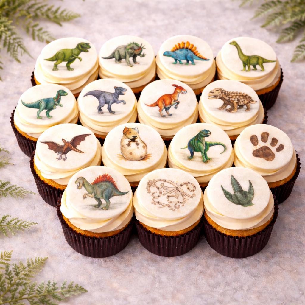 A dozen cupcakes with white frosting and dinosaur-themed edible images. The cupcakes feature various dinosaurs, including a T-Rex, Stegosaurus, and Brontosaurus, along with a dinosaur footprint and fossil design.