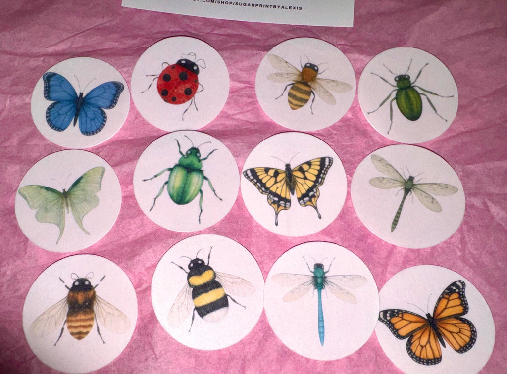 Edible Insect Cupcake Toppers – Set of 12 Wafer Paper or Icing Sheet Butterflies Bees Dragonflies Ladybugs Garden Party Decor Edible Insect Cupcake Toppers Vintage Butterfly Bee Dragonfly Designs Wafer Paper Icing Sheet