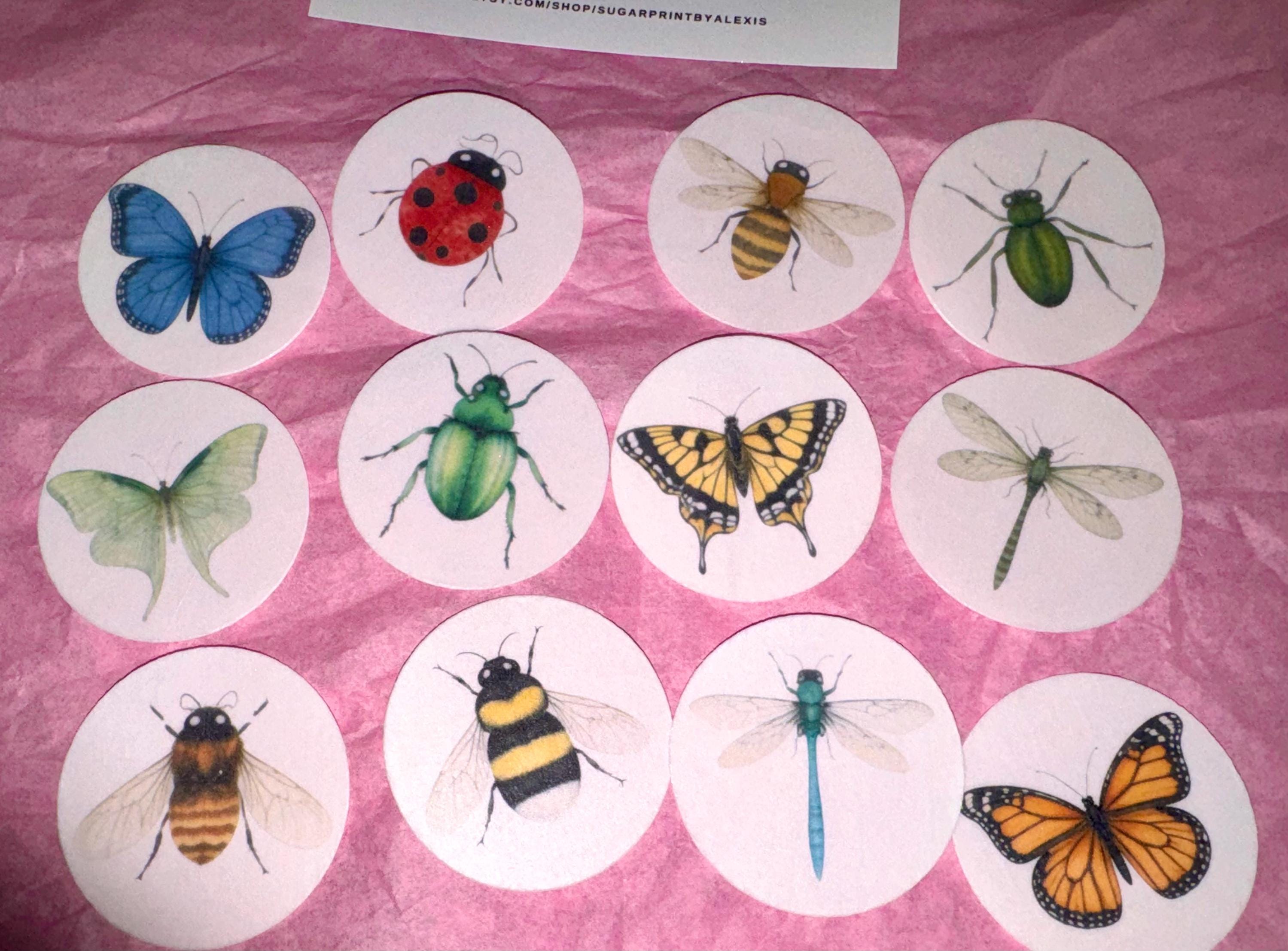 Edible Insect Cupcake Toppers – Set of 12 Wafer Paper or Icing Sheet Butterflies Bees Dragonflies Ladybugs Garden Party Decor Edible Insect Cupcake Toppers Vintage Butterfly Bee Dragonfly Designs Wafer Paper Icing Sheet