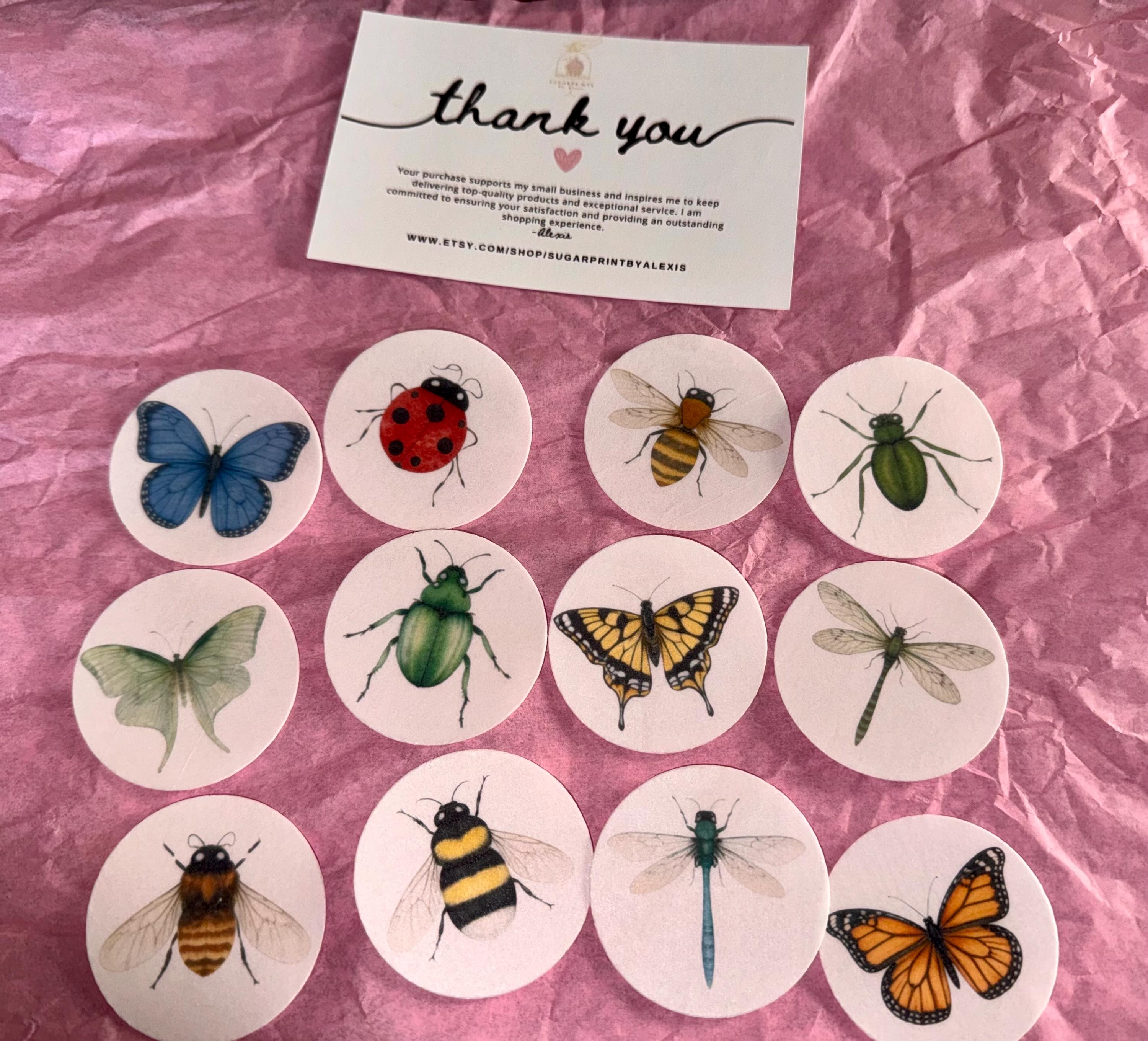 SugarPrints thank you Edible Insect Cupcake Toppers – Set of 12 Wafer Paper or Icing Sheet Butterflies Bees Dragonflies Ladybugs Garden Party Decor Edible Insect Cupcake Toppers Vintage Butterfly Bee Dragonfly Designs Wafer Paper Icing Sheet