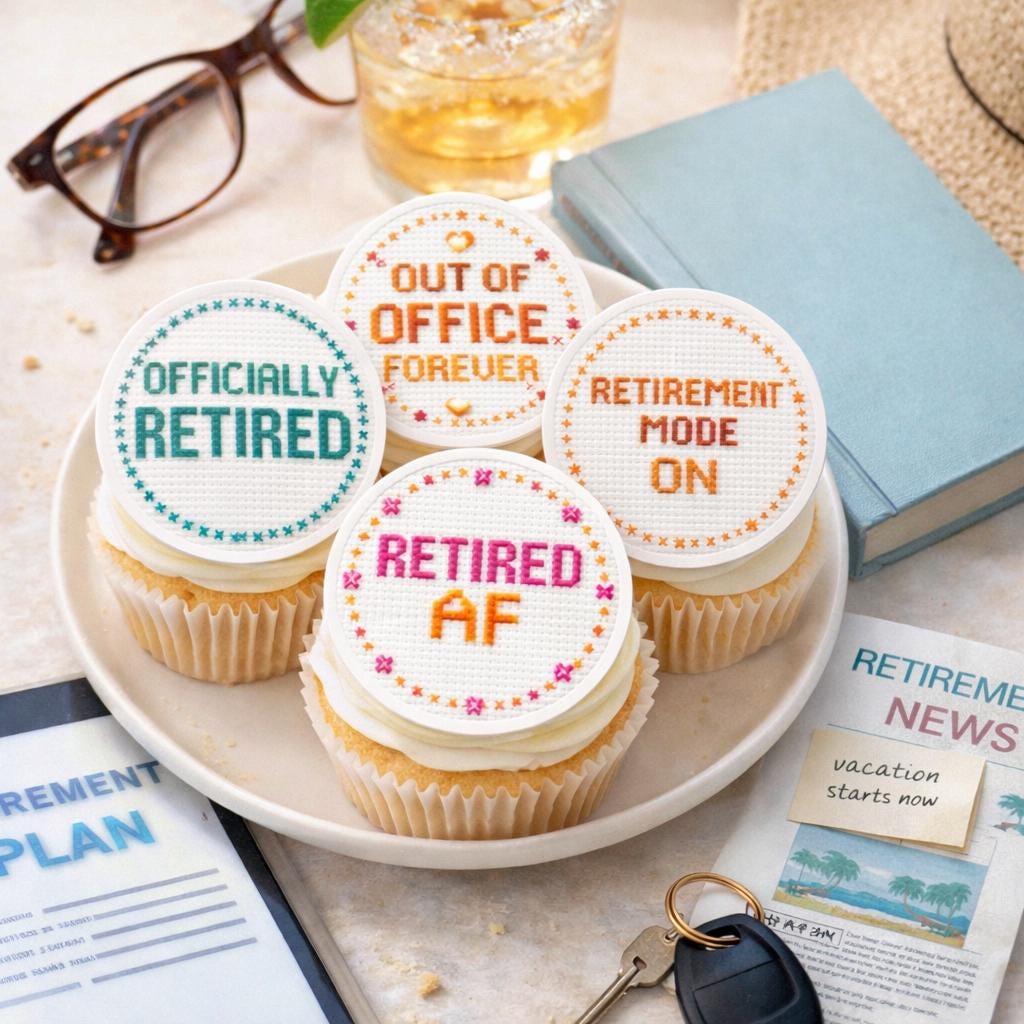 Funny Retirement edible cupcake toppers featuring 2-inch cross-stitch-inspired designs with humorous messages like “Officially Retired” and “No Alarm No Emails.” Set of 12 toppers printed on wafer paper or frosting sheets, fully edible and safe for cupcakes, cookies, and small cakes. Perfect for retirement parties, office farewell celebrations, and themed desserts, adding a playful and memorable touch to any dessert table