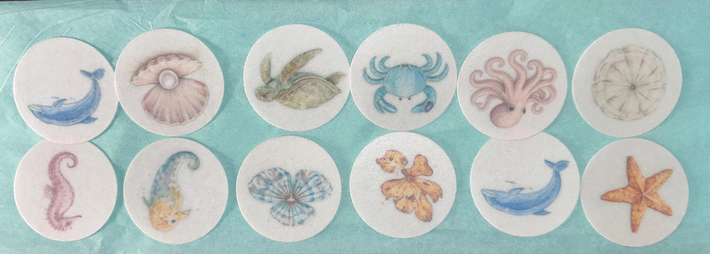 Bespoke Sea Creature Cupcake Toppers Wafer Paper or Icing Sheet Ocean Designs Beach Wedding Party Set of 12