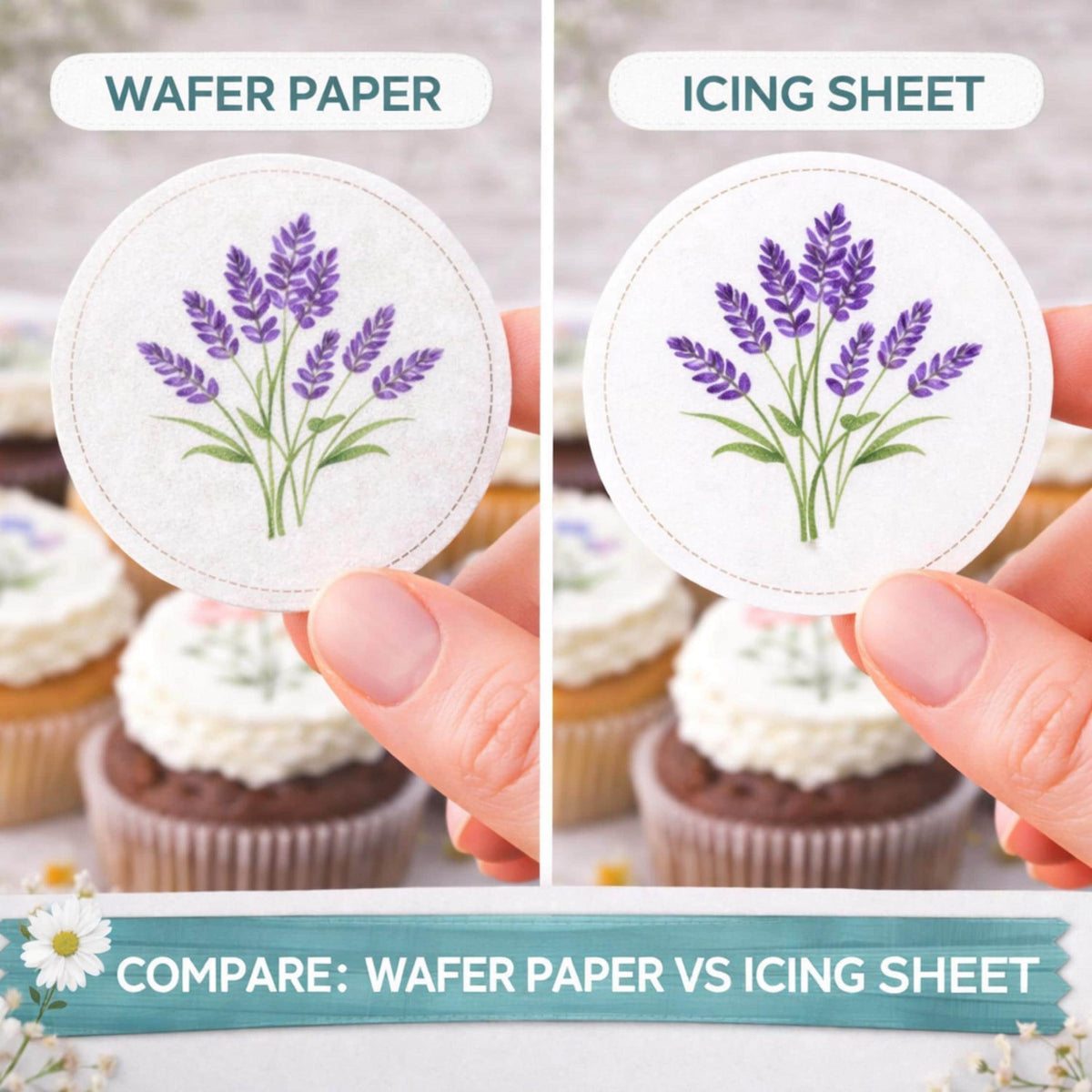 Set of 12 Wildflower edible cupcake toppers featuring 2-inch floral circle designs by SugarPrints for decorating cupcakes.