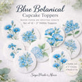 Set of 12 edible blue wildflower cupcake toppers, 2-inch pre-cut circles printed on wafer paper or icing sheets. Perfect for weddings, bridal showers, baby showers, garden parties, and tea parties. Features delicate pressed flower designs with soft blue tones for a romantic, botanical, bakery-style dessert presentation. Easy to place on cupcakes, cookies, or cakes for elegant edible decoration.