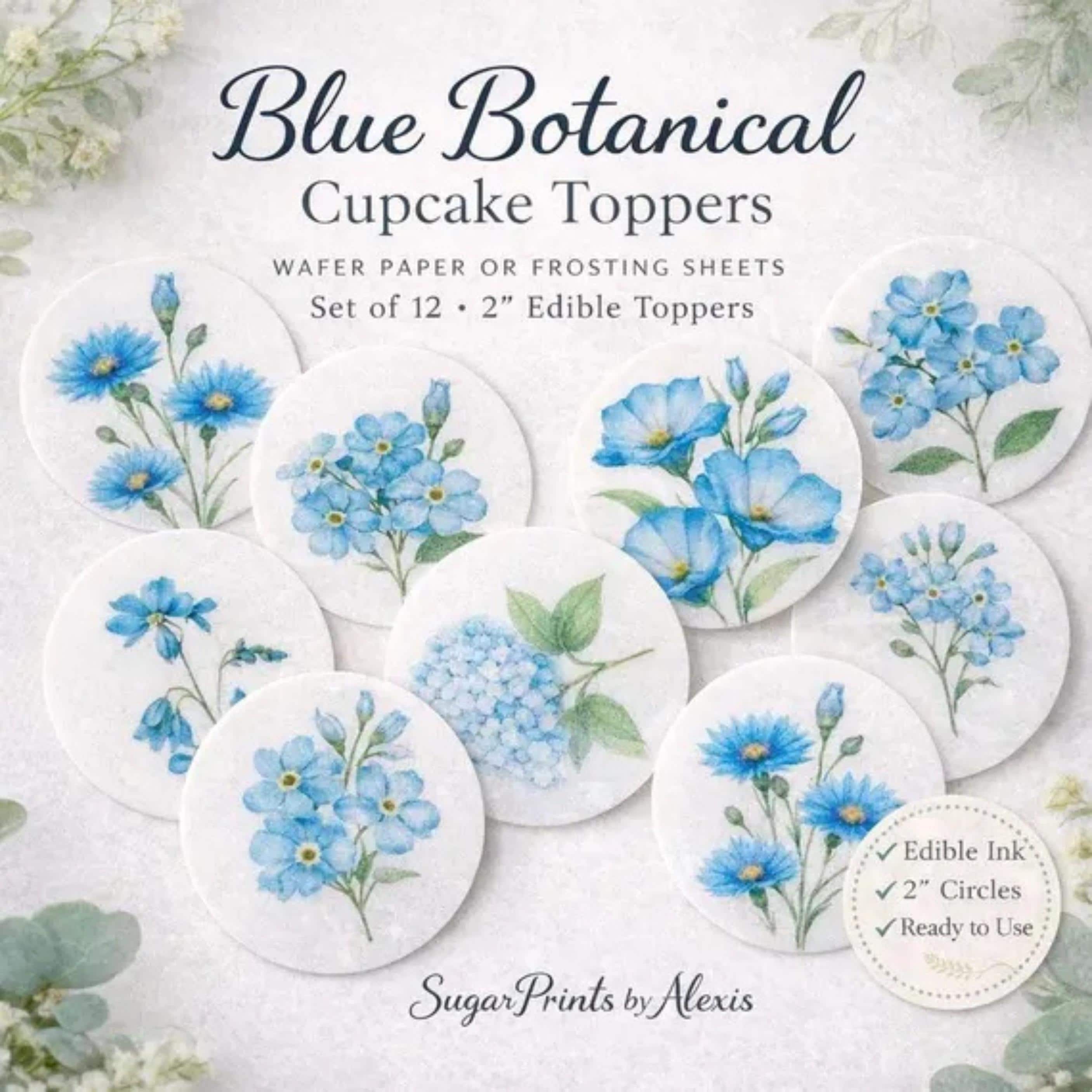 Set of 12 edible blue wildflower cupcake toppers, 2-inch pre-cut circles printed on wafer paper or icing sheets. Perfect for weddings, bridal showers, baby showers, garden parties, and tea parties. Features delicate pressed flower designs with soft blue tones for a romantic, botanical, bakery-style dessert presentation. Easy to place on cupcakes, cookies, or cakes for elegant edible decoration.