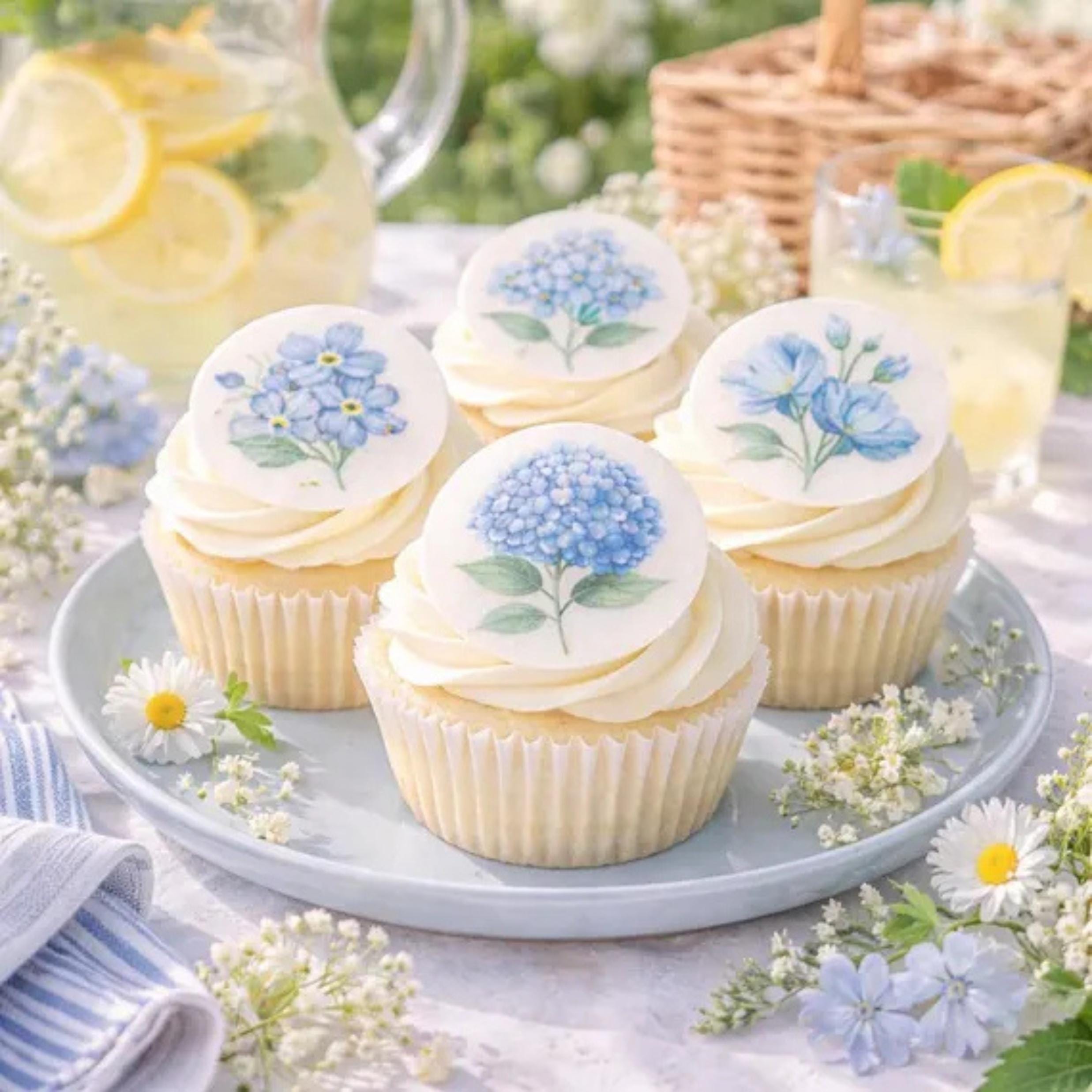 BLUE WILDFLOWER Cupcake Toppers: Edible Floral Circles, Set of 12 for WEDDINGS, Showers, Garden Parties