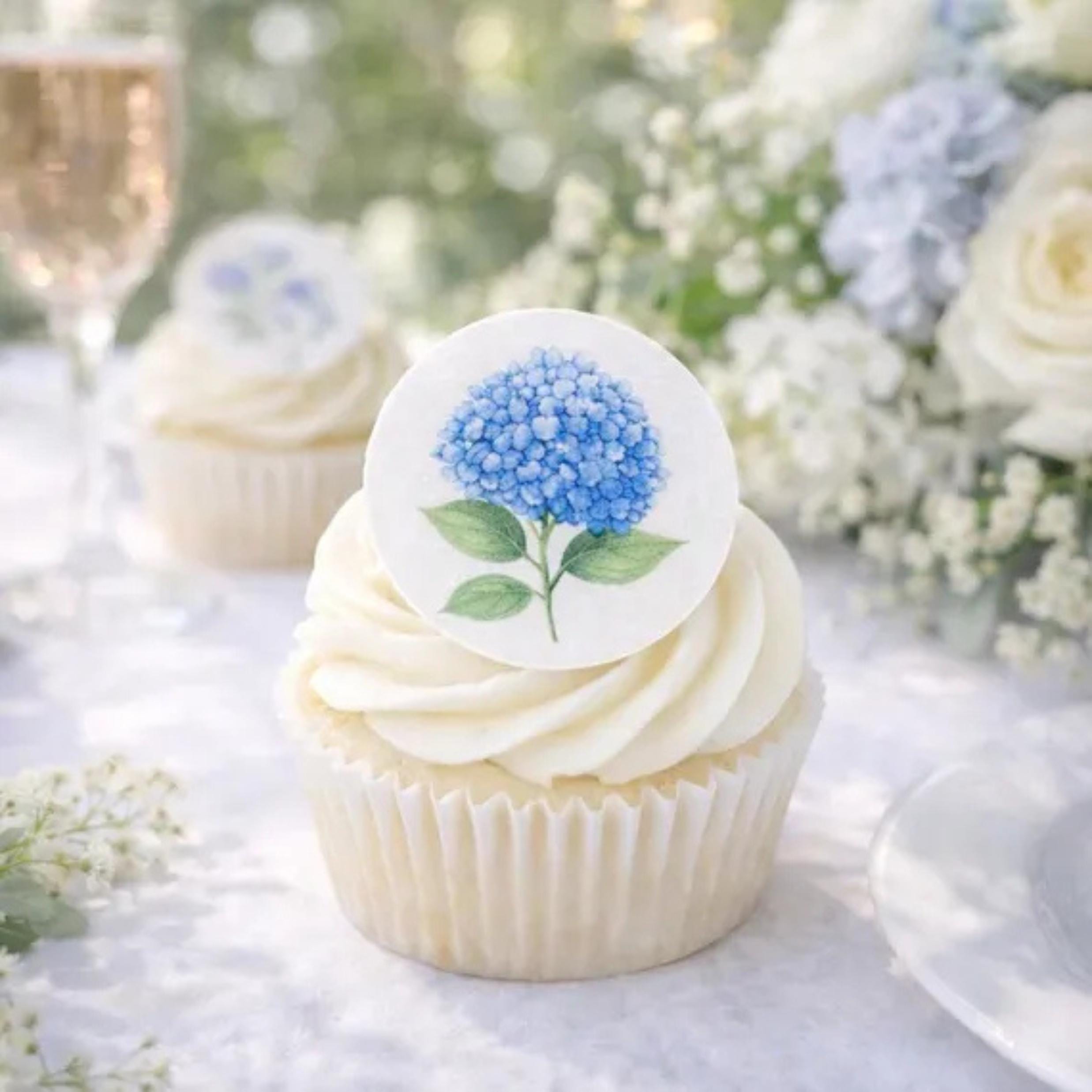 BLUE WILDFLOWER Cupcake Toppers: Edible Floral Circles, Set of 12 for WEDDINGS, Showers, Garden Parties