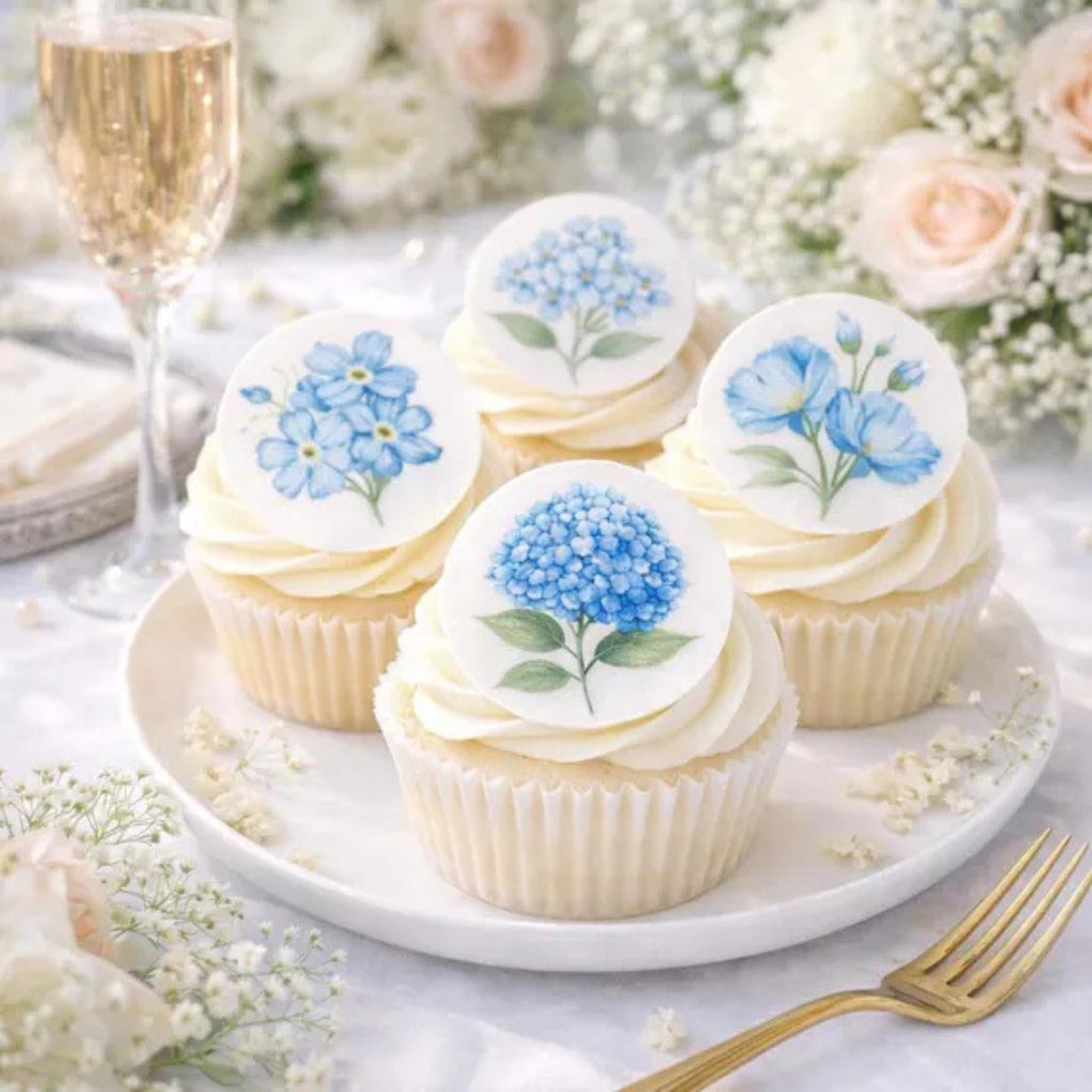 BLUE WILDFLOWER Cupcake Toppers: Edible Floral Circles, Set of 12 for WEDDINGS, Showers, Garden Parties