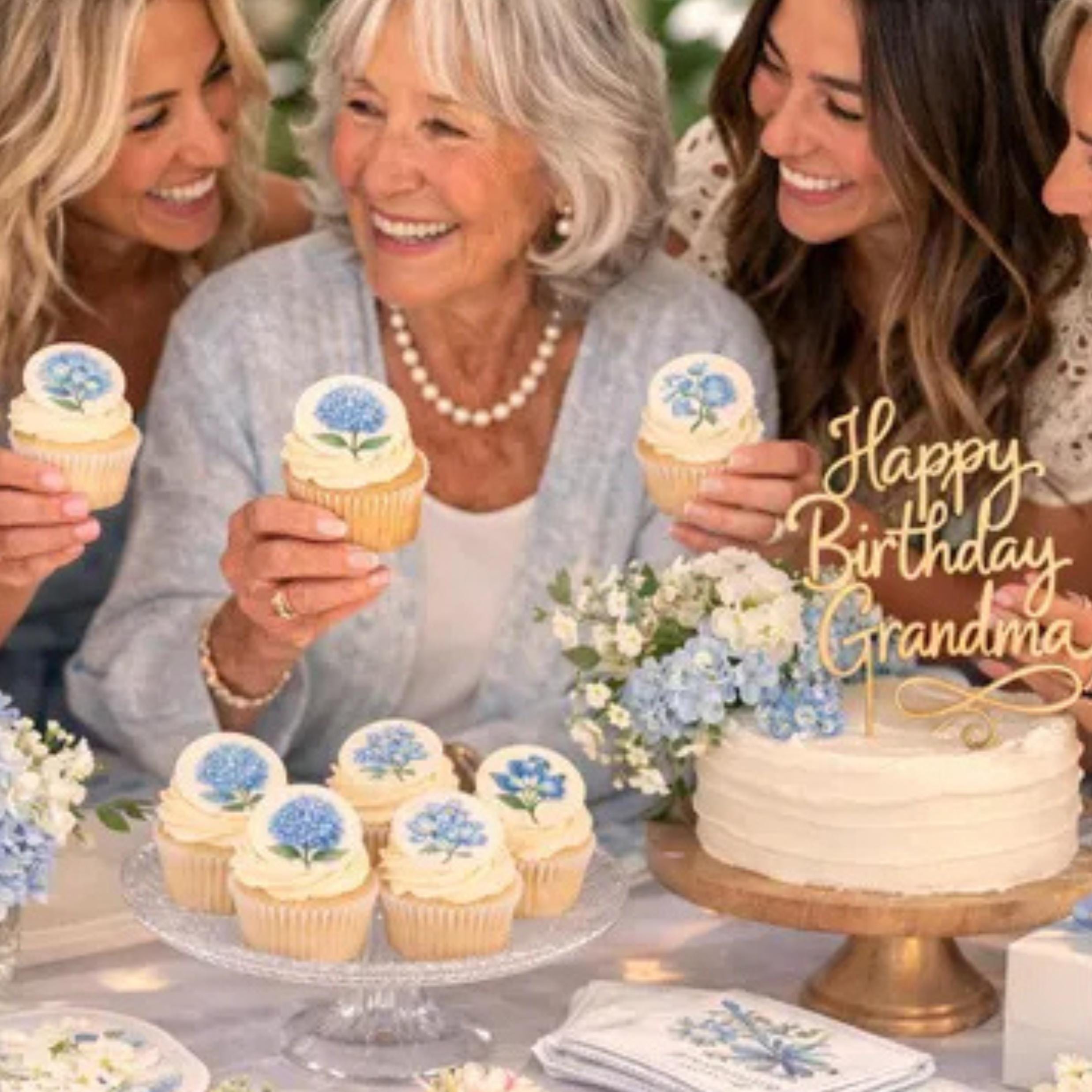 BLUE WILDFLOWER Cupcake Toppers: Edible Floral Circles, Set of 12 for WEDDINGS, Showers, Garden Parties