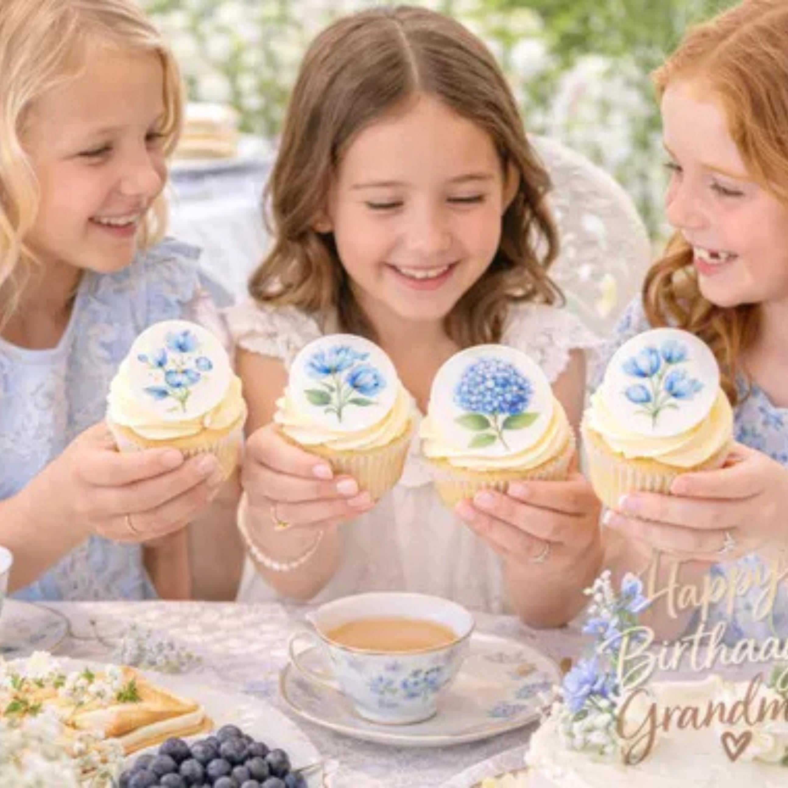 BLUE WILDFLOWER Cupcake Toppers: Edible Floral Circles, Set of 12 for WEDDINGS, Showers, Garden Parties