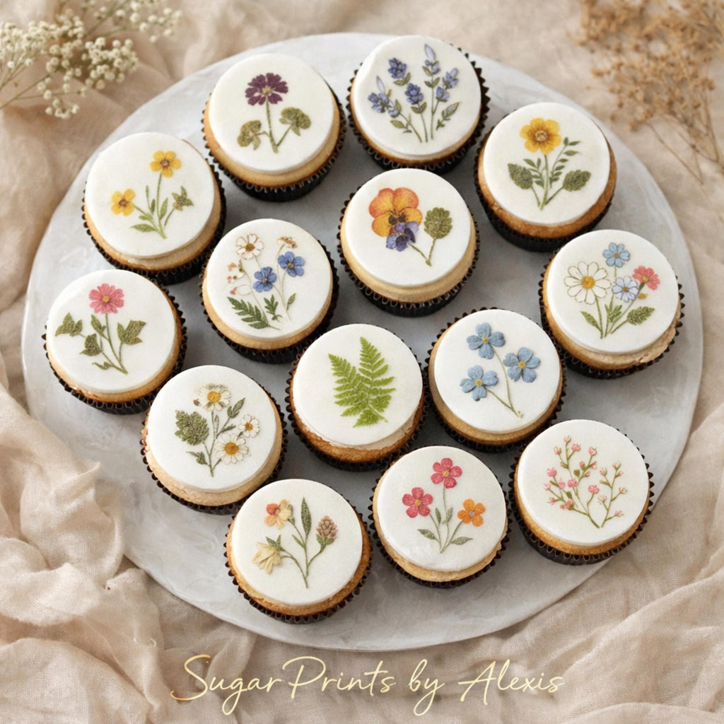 Set of 12 edible pressed flower cupcake toppers with wildflower botanical designs, 2-inch pre-cut circles printed on wafer paper or icing sheets. Perfect for weddings, bridal showers, baby showers, tea parties, and elegant dessert tables. Features soft, natural floral patterns with a luxury garden-inspired look, easy to place on cupcakes, cookies, or cakes for a refined, professional finish