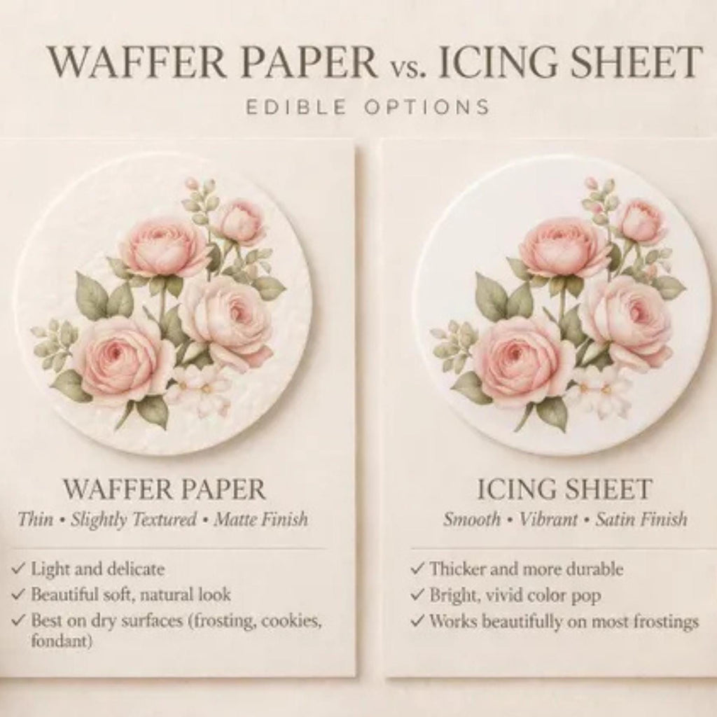 Comparison of wafer paper and icing sheet options for edible decorations. Each circular design features a watercolor-style floral arrangement with pink roses and green leaves. Text details the properties of each option.