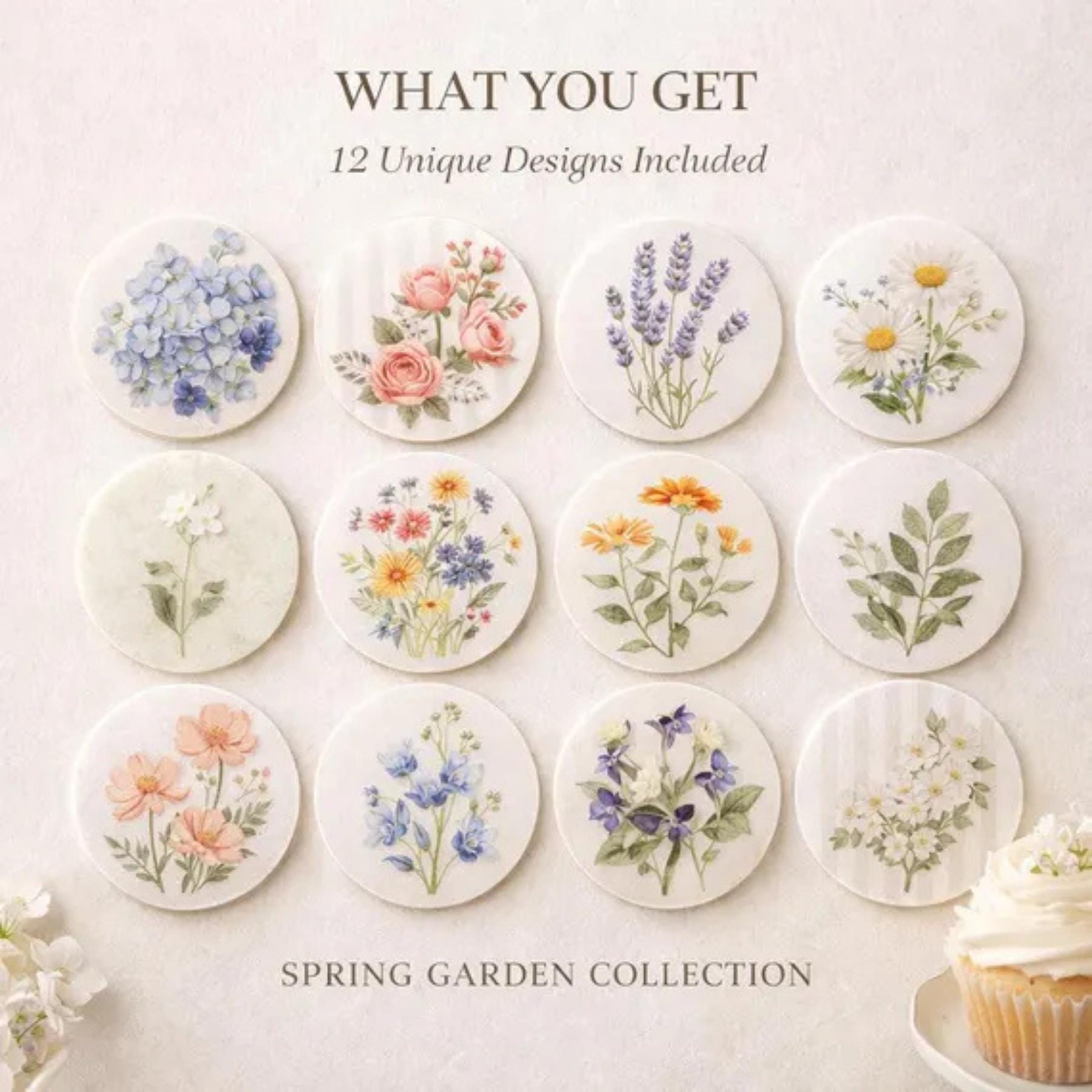 A collection of twelve round coasters with floral designs. Each coaster features a different watercolor illustration of flowers, including hydrangeas, roses, and daisies. The text "WHAT YOU GET" and "SPRING GARDEN COLLECTION" are visible.
