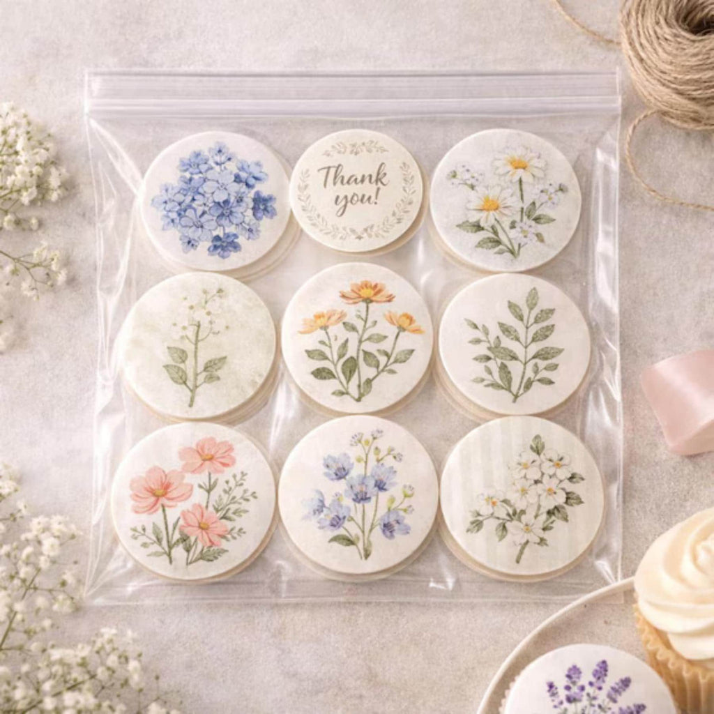 Nine round cookies with floral designs and the text "Thank you!" are displayed in a clear plastic bag. The cookies feature various flower illustrations in shades of blue, pink, yellow, and white, creating a delicate and artistic presentation.