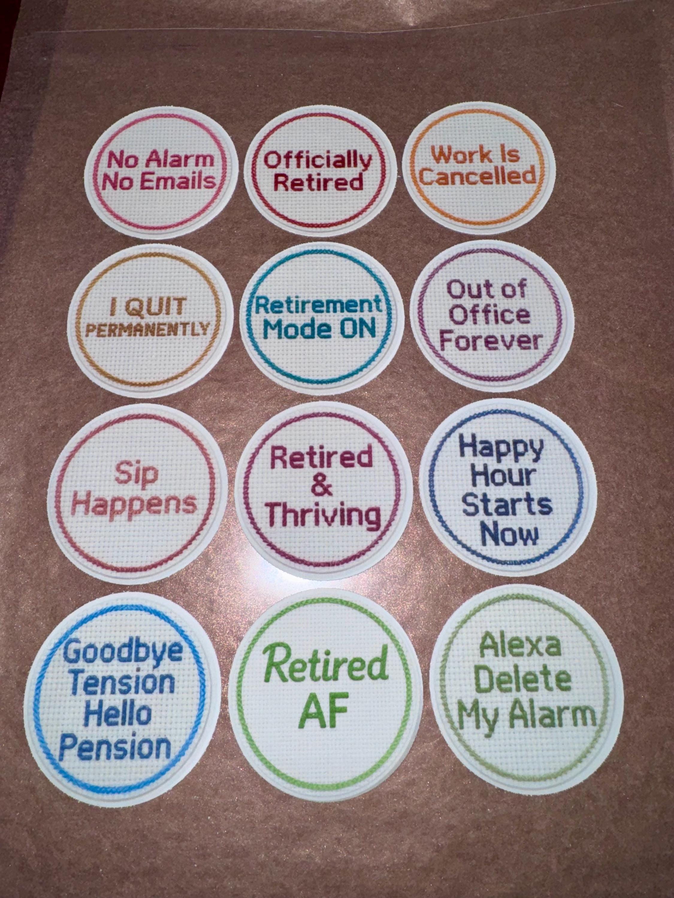 Funny Retirement edible cupcake toppers featuring 2-inch cross-stitch-inspired designs with humorous messages like “Officially Retired” and “No Alarm No Emails.” Set of 12 toppers printed on wafer paper or frosting sheets, fully edible and safe for cupcakes, cookies, and small cakes. Perfect for retirement parties, office farewell celebrations, and themed desserts, adding a playful and memorable touch to any dessert table