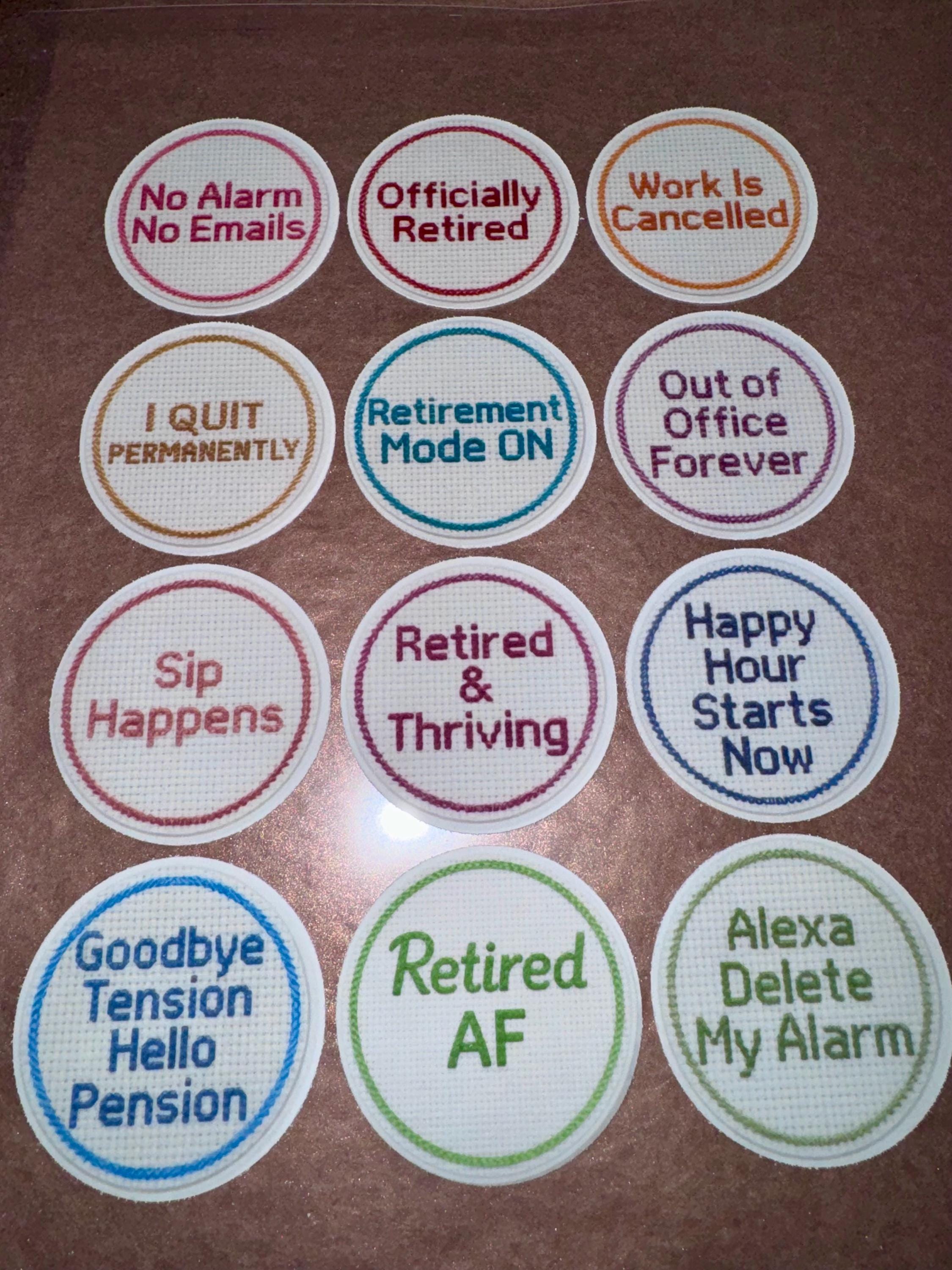 Funny Retirement edible cupcake toppers featuring 2-inch cross-stitch-inspired designs with humorous messages like “Officially Retired” and “No Alarm No Emails.” Set of 12 toppers printed on wafer paper or frosting sheets, fully edible and safe for cupcakes, cookies, and small cakes. Perfect for retirement parties, office farewell celebrations, and themed desserts, adding a playful and memorable touch to any dessert table