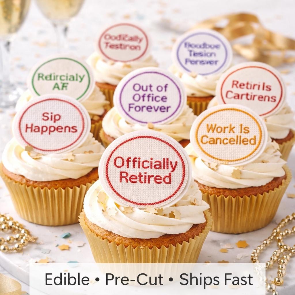Set of 12 funny retirement cupcake toppers by SugarPrints featuring humorous designs for celebration.