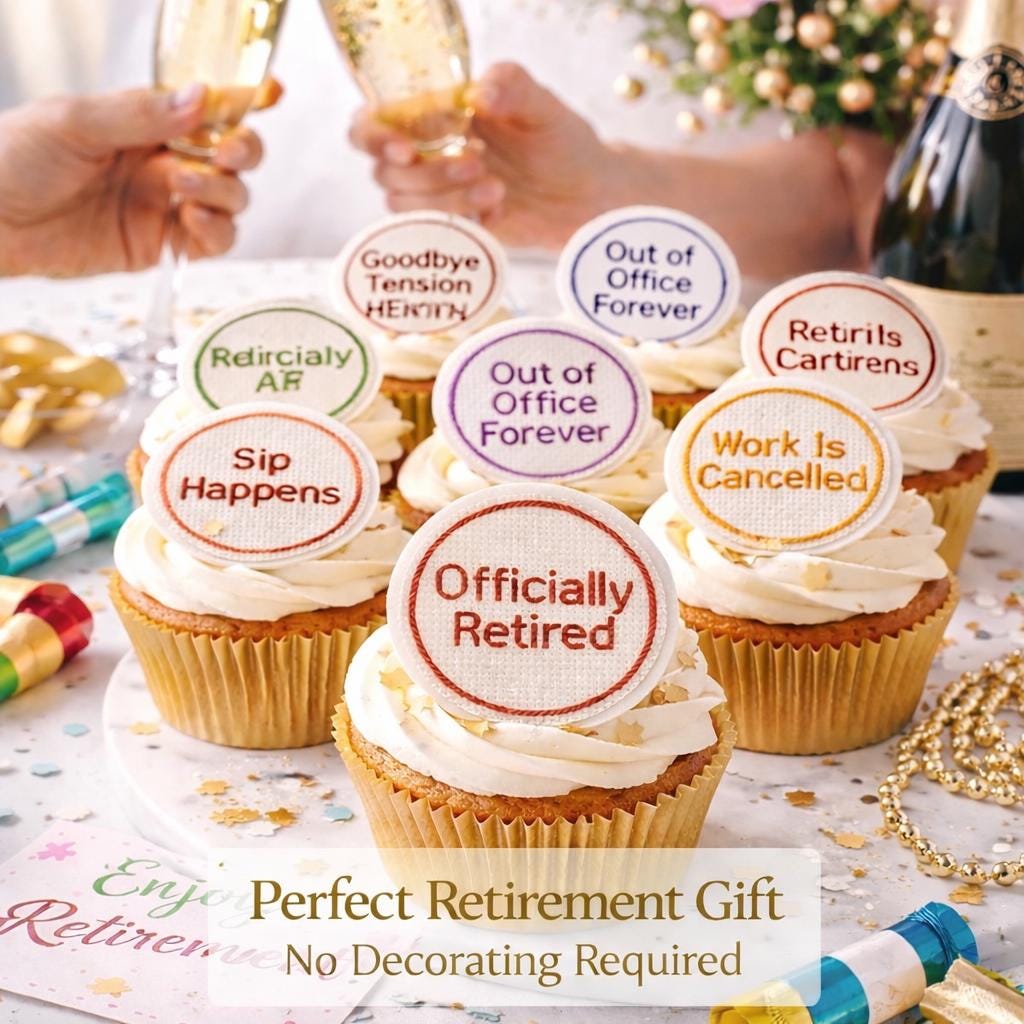 Set of 12 funny retirement cookie toppers by SugarPrints, 2-inch edible wafer paper cupcake decorations for party frosting.