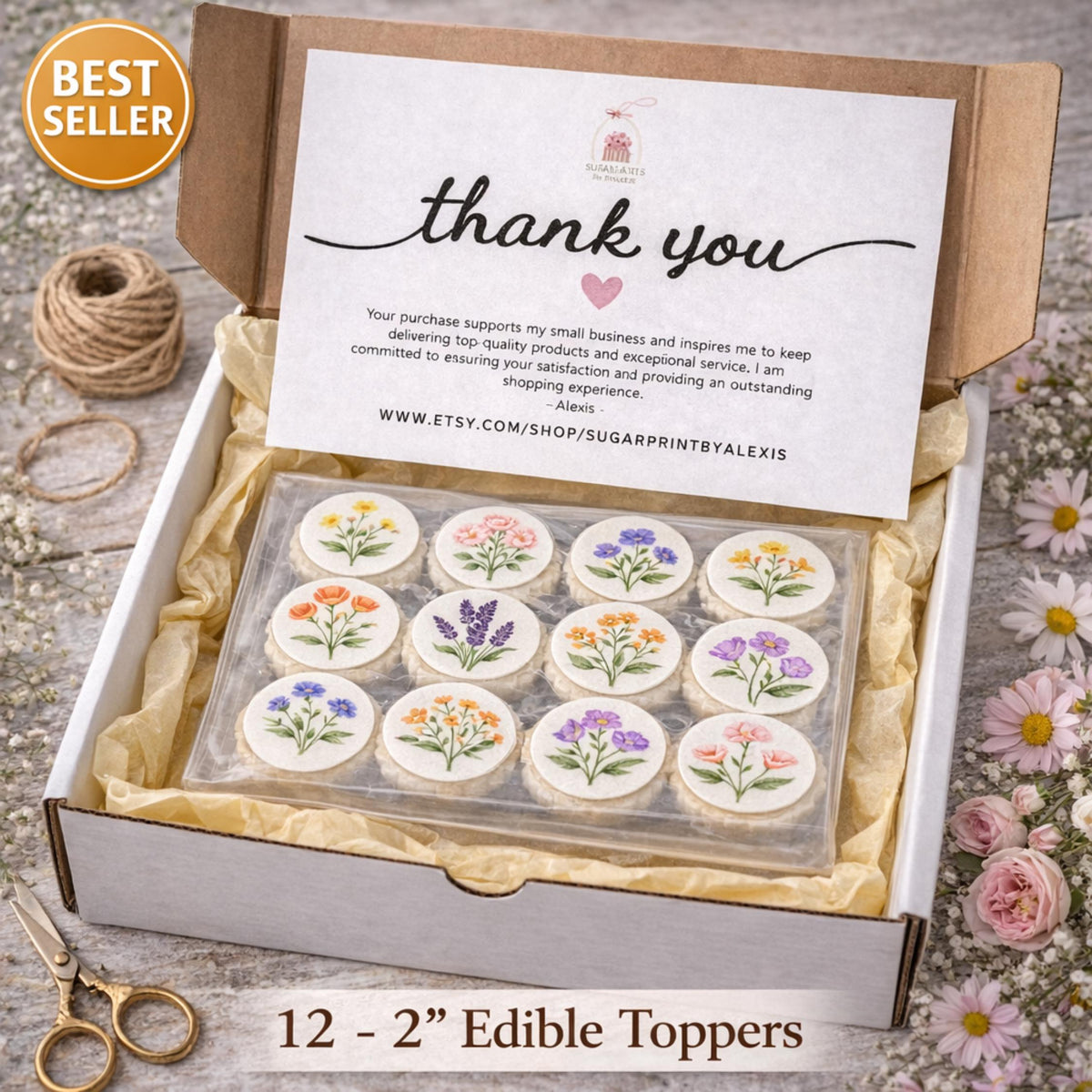 Set of 12 Wildflower edible cupcake toppers with 2-inch floral circle designs by SugarPrints for decorating cupcakes.