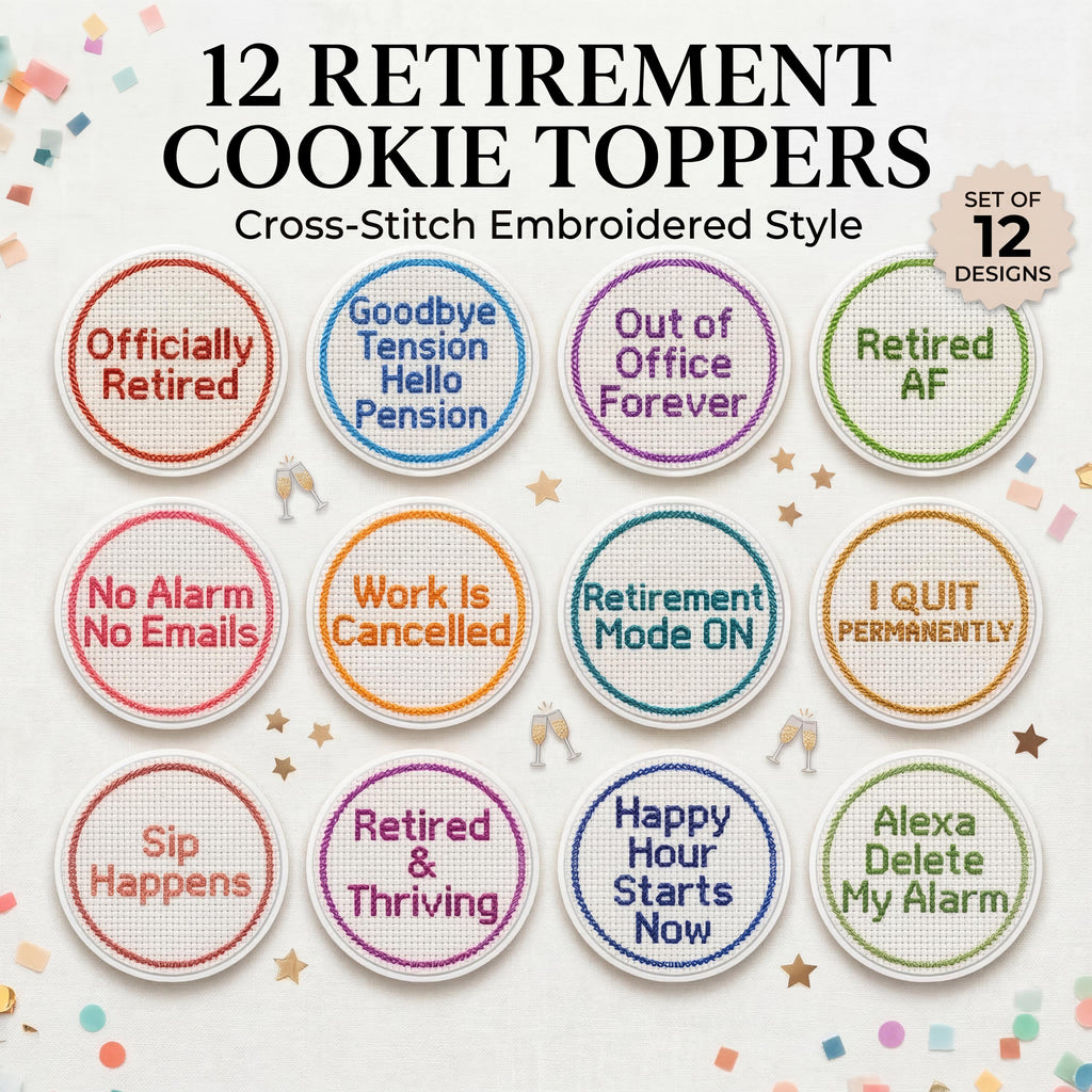 Funny Retirement edible cupcake toppers featuring 2-inch cross-stitch-inspired designs with humorous messages like “Officially Retired” and “No Alarm No Emails.” Set of 12 toppers printed on wafer paper or frosting sheets, fully edible and safe for cupcakes, cookies, and small cakes. Perfect for retirement parties, office farewell celebrations, and themed desserts, adding a playful and memorable touch to any dessert table