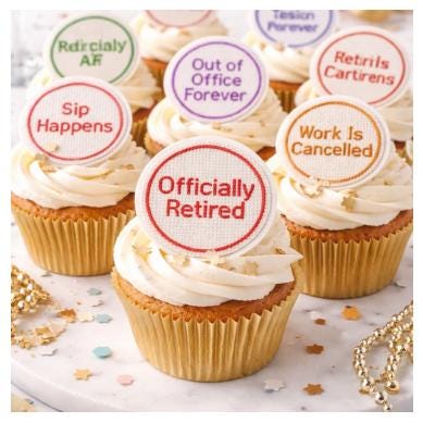 Set of 12 Funny Retirement cupcake toppers by SugarPrints, featuring humorous designs on colorful paper for celebration treats.