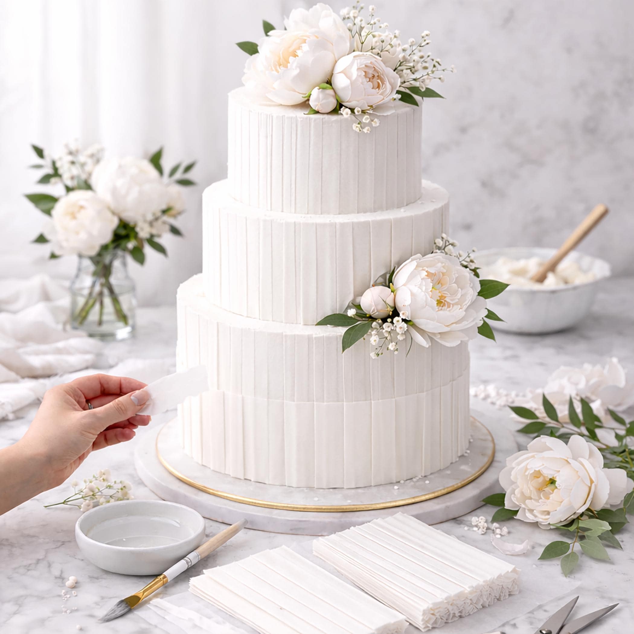 Edible wafer paper ruffle strips for cake decorating, pre-cut white strips used to create elegant pleated textures on wedding, birthday, and engagement cakes. Flexible edible cake decor strips made from wafer paper, starch, and vegetable oil, designed for fondant or buttercream surfaces. Packaged in food-safe sealed bags with backing board. Ideal for creating professional ruffle cake designs, layered cake borders, and textured cake decorations for special occasions