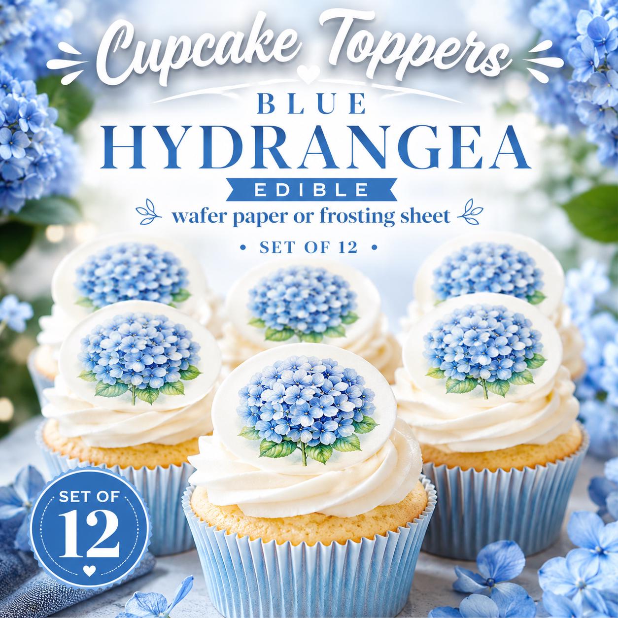 Blue hydrangea edible cupcake toppers displayed on frosted vanilla cupcakes with elegant white and blue text overlay reading “Cupcake Toppers,” featuring edible wafer paper or frosting sheet decorations in a soft floral themed image.