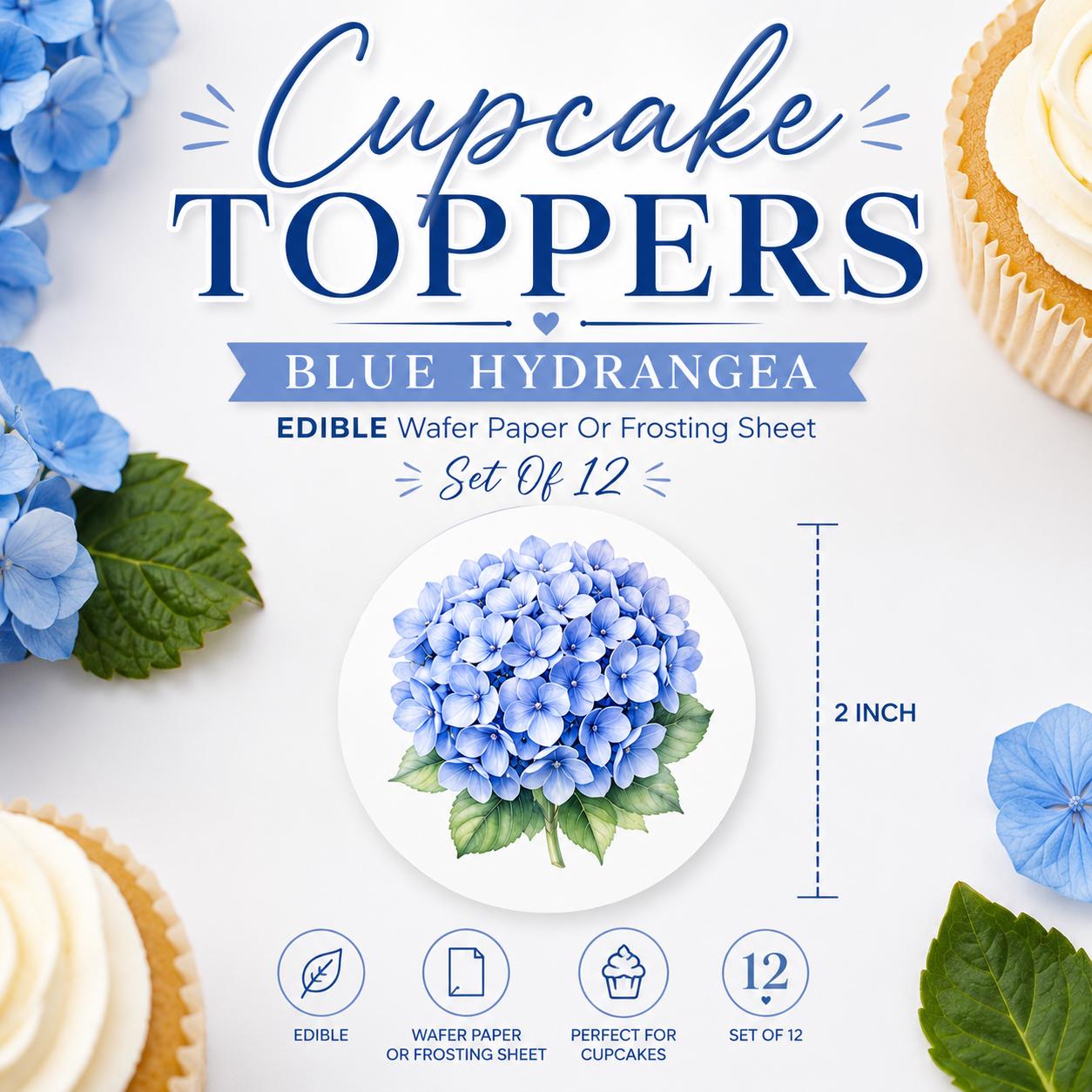 Close-up size reference mockup showing a single 2-inch blue hydrangea edible cupcake topper on a white background with measurement guide and decorative floral accents.
