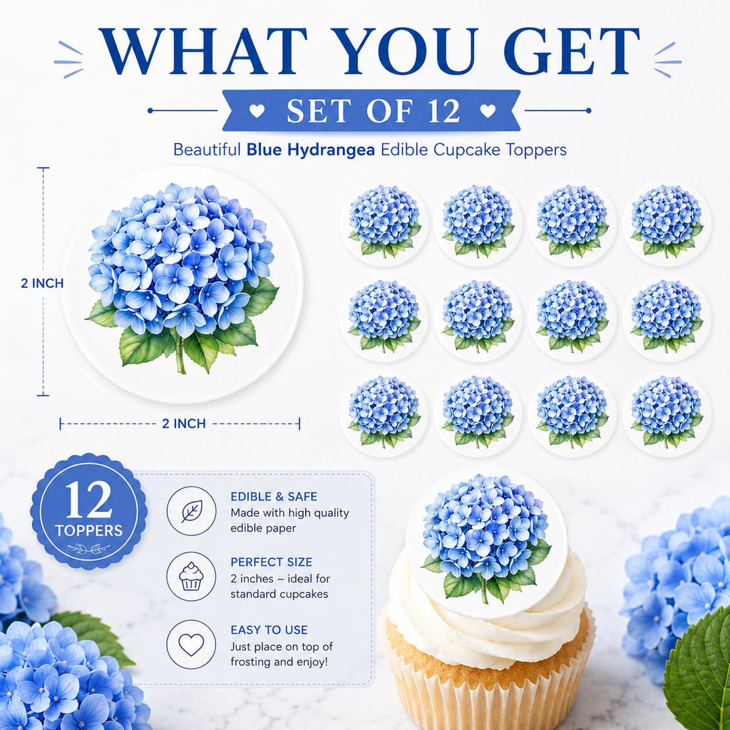 Product information graphic displaying a complete set of 12 blue hydrangea edible cupcake toppers with feature icons, cupcake example, and elegant white and blue floral branding.