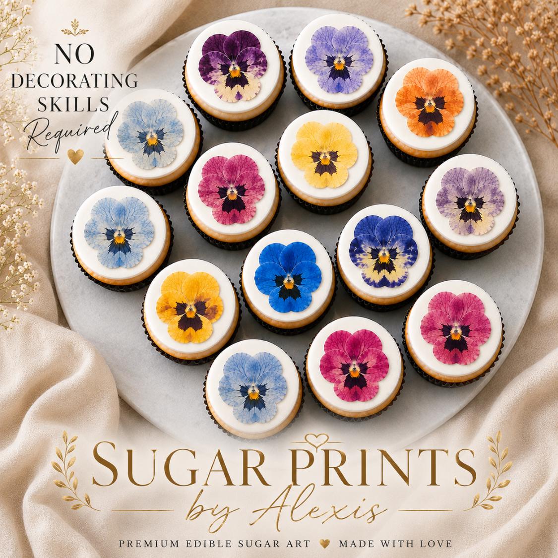 Elegant edible pansy cupcake toppers on white frosted cupcakes featuring watercolor-style floral pansy designs in purple, blue, yellow, and pink tones for bridal showers, tea parties, baby showers, and garden party desserts.