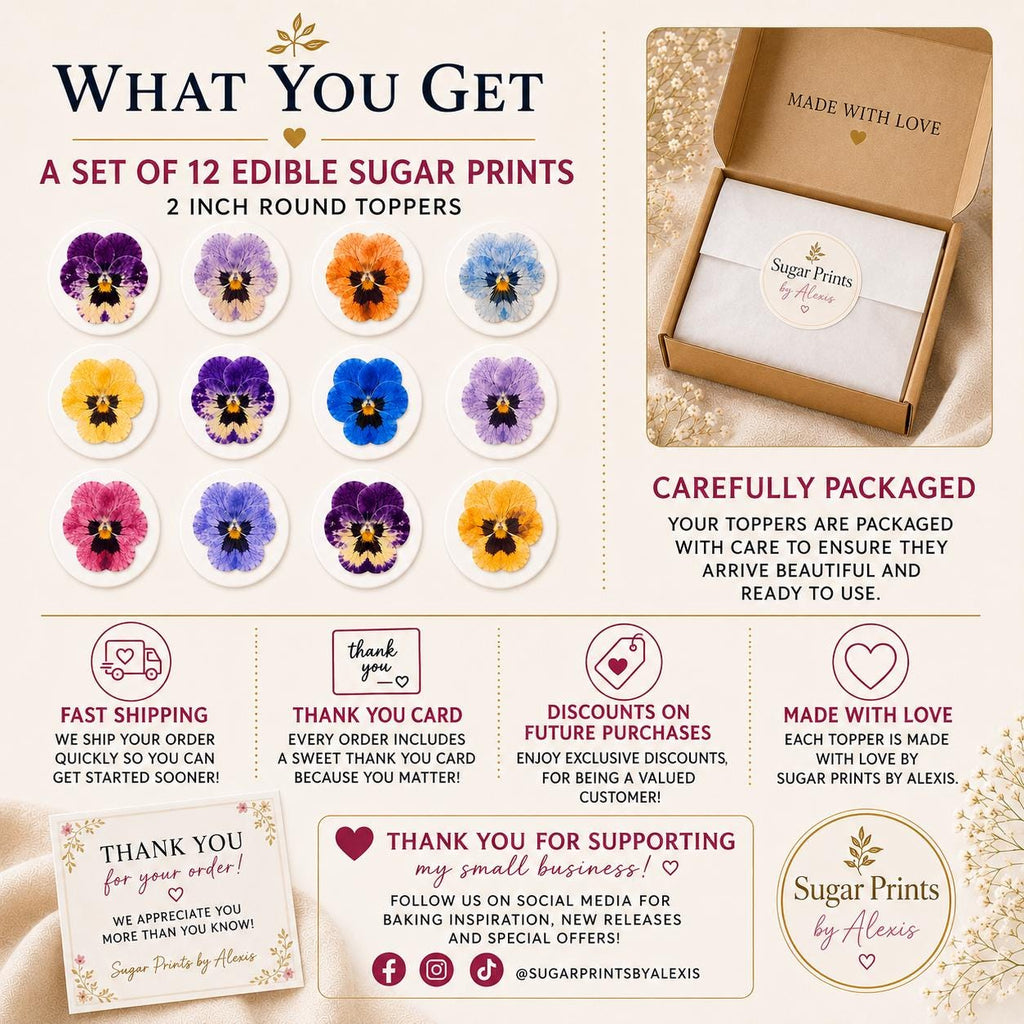 Set of 12 edible pansy cupcake toppers carefully packaged by Sugar Prints by Alexis with thank you card, fast shipping, discounts on future purchases, and luxury floral edible decorations.