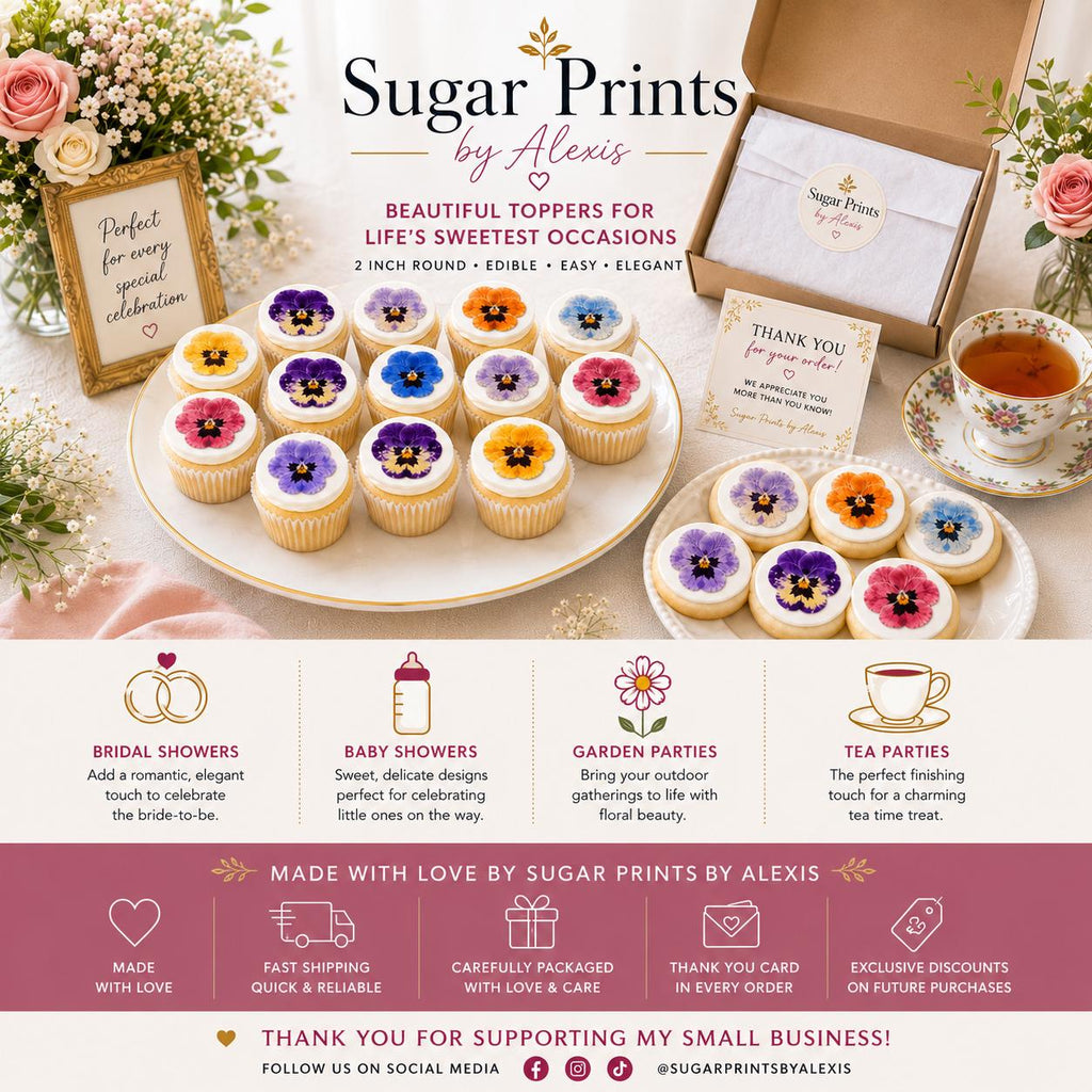 Elegant floral cupcake toppers styled for bridal shower dessert table with edible pansy cupcake decorations, tea party cookies, garden party desserts, and luxury feminine event treats.