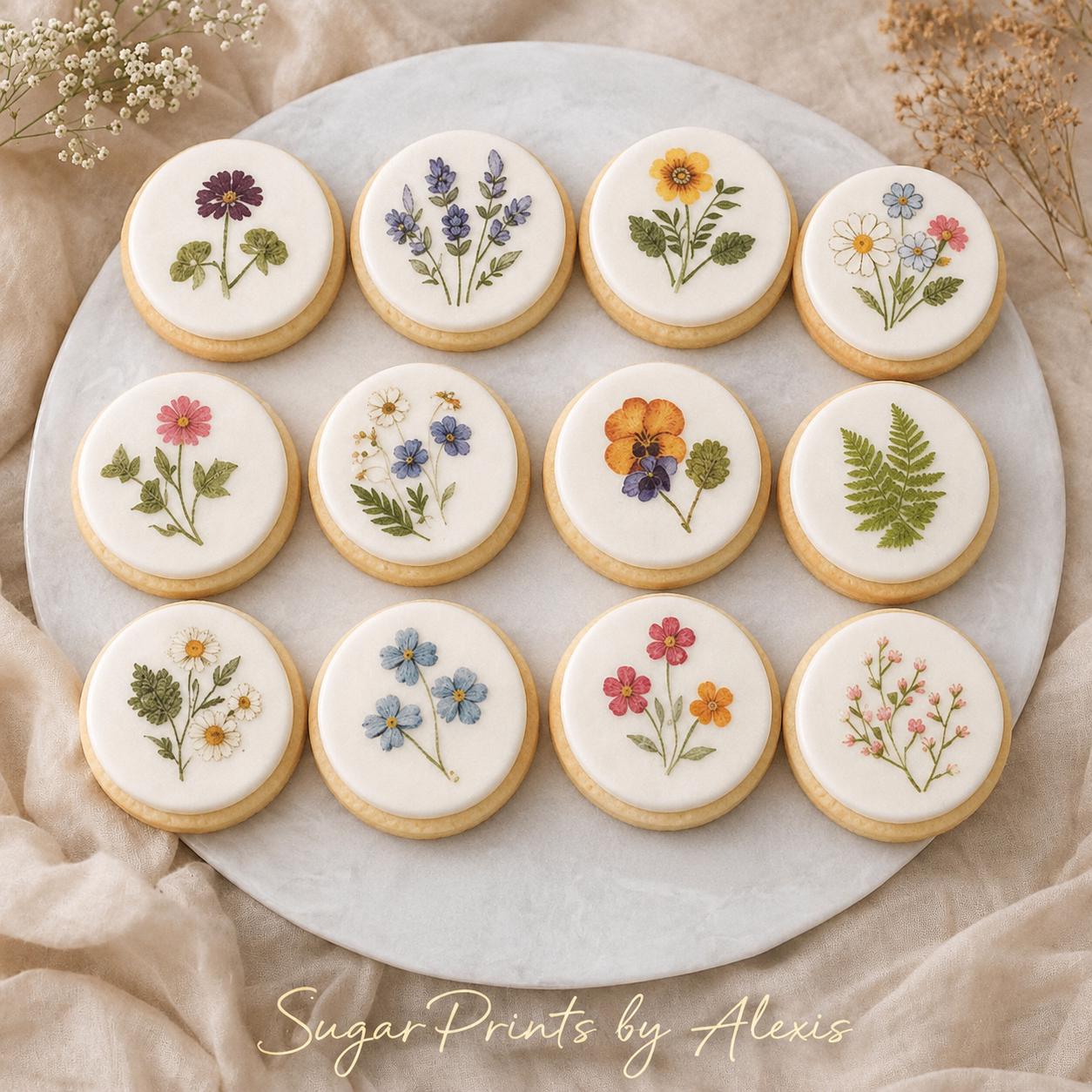 Wildflower Pressed Flower Cookie Toppers, Edible Floral Circles, Wafer Paper or Icing Sheet Decorations
 Pressed Flower Edible Cookie Toppers Set of 12 Wafer Paper or Icing Sheet Wildflower Designs Wedding, Bridal Shower, Garden Party Cake Decor