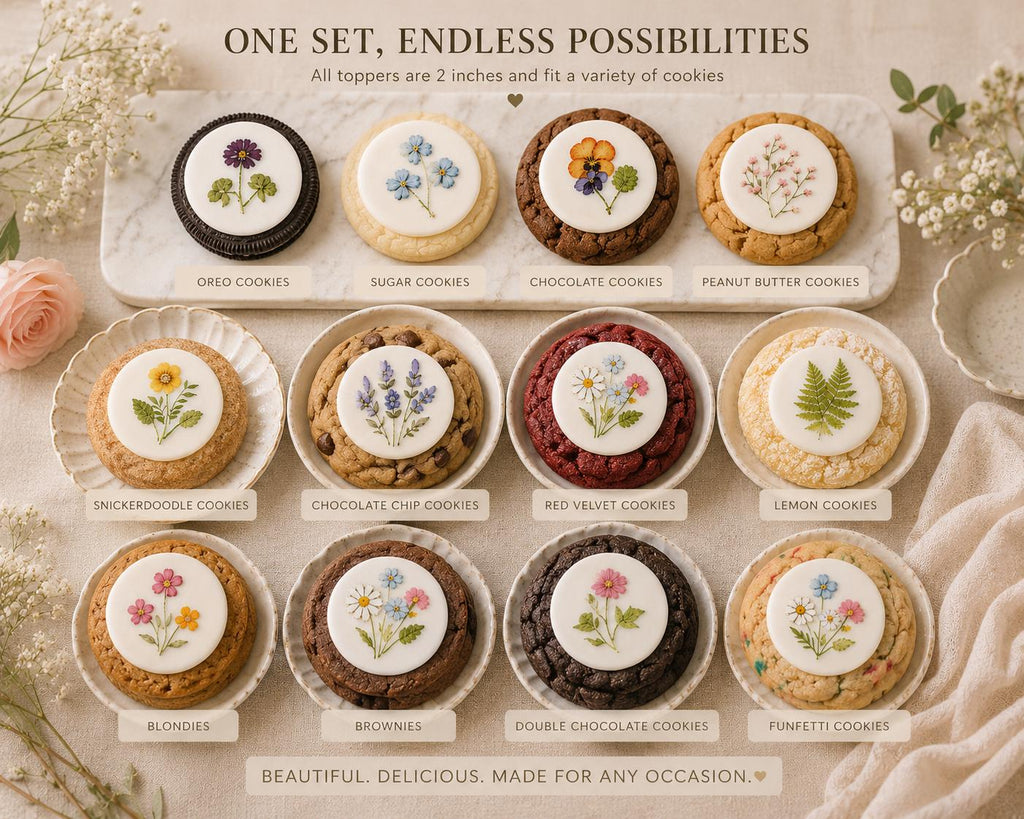 Pressed Flower Edible Cookie Toppers Set of 12 Wafer Paper or Icing Sheet Wildflower Designs Wedding, Bridal Shower, Garden Party Cake Decor