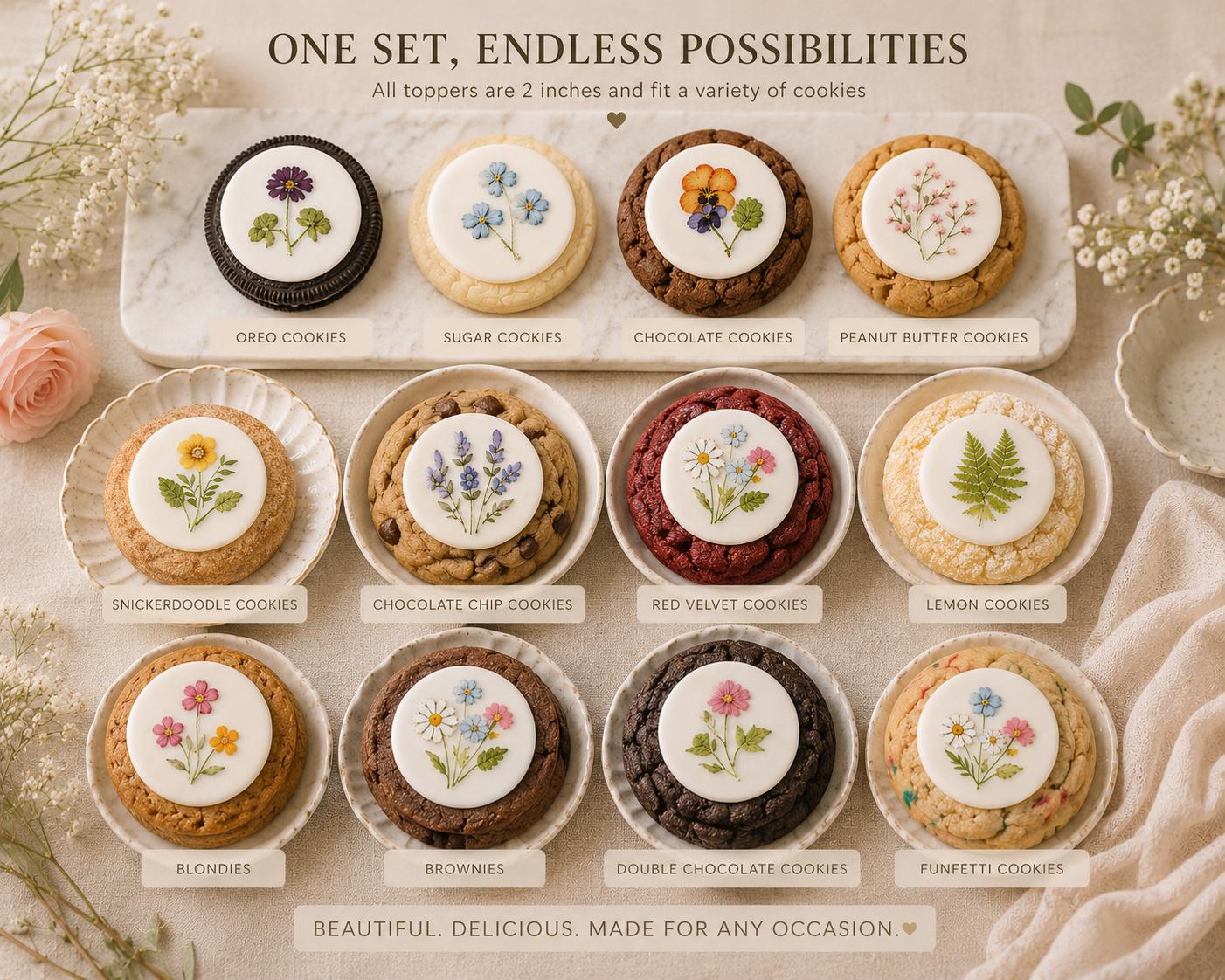 Pressed Flower Edible Cookie Toppers Set of 12 Wafer Paper or Icing Sheet Wildflower Designs Wedding, Bridal Shower, Garden Party Cake Decor
