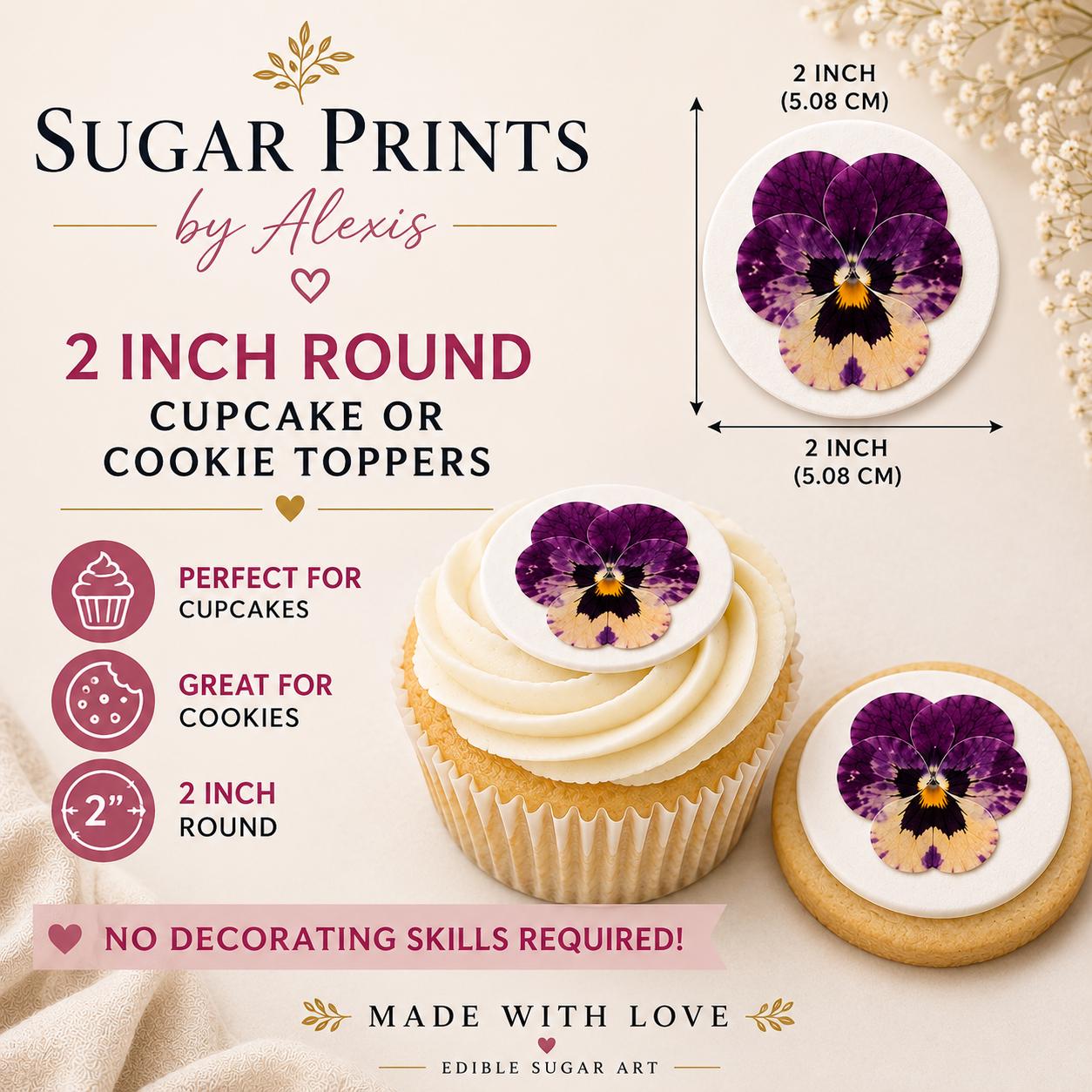 2 inch edible pansy cupcake topper size reference displayed on cupcake and cookie showing exact topper scale for elegant dessert decorating and garden party treats.
