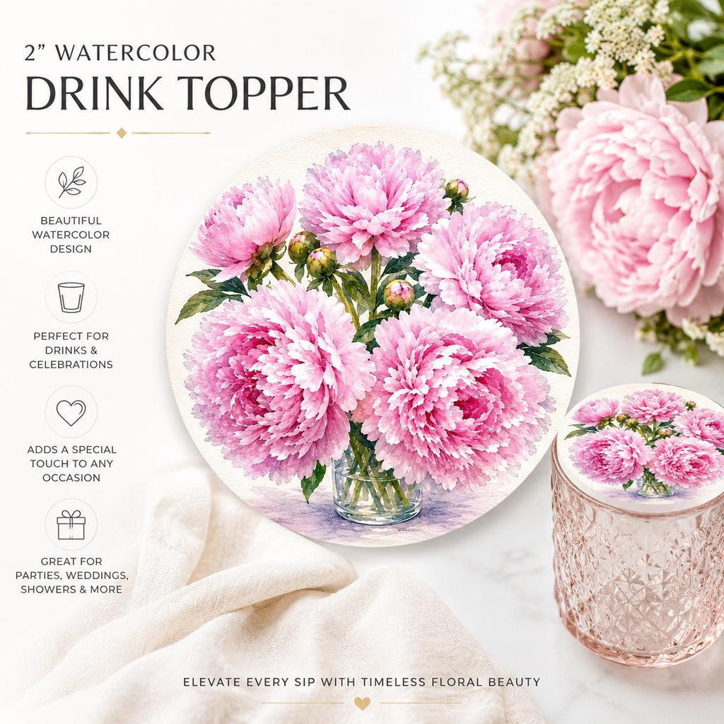 Elegant peony edible drink topper featuring a detailed floral design, available in wafer paper and icing sheet options. Measuring 2 inches, this edible flower decoration is perfect for cocktails, champagne glasses, mocktails, cupcakes, dessert cups, and party treats. Ideal for weddings, bridal showers, birthdays, anniversaries, engagement parties, and garden-themed events. Beautiful floral drink decoration that adds a sophisticated and decorative touch to special occasion beverages and desserts.