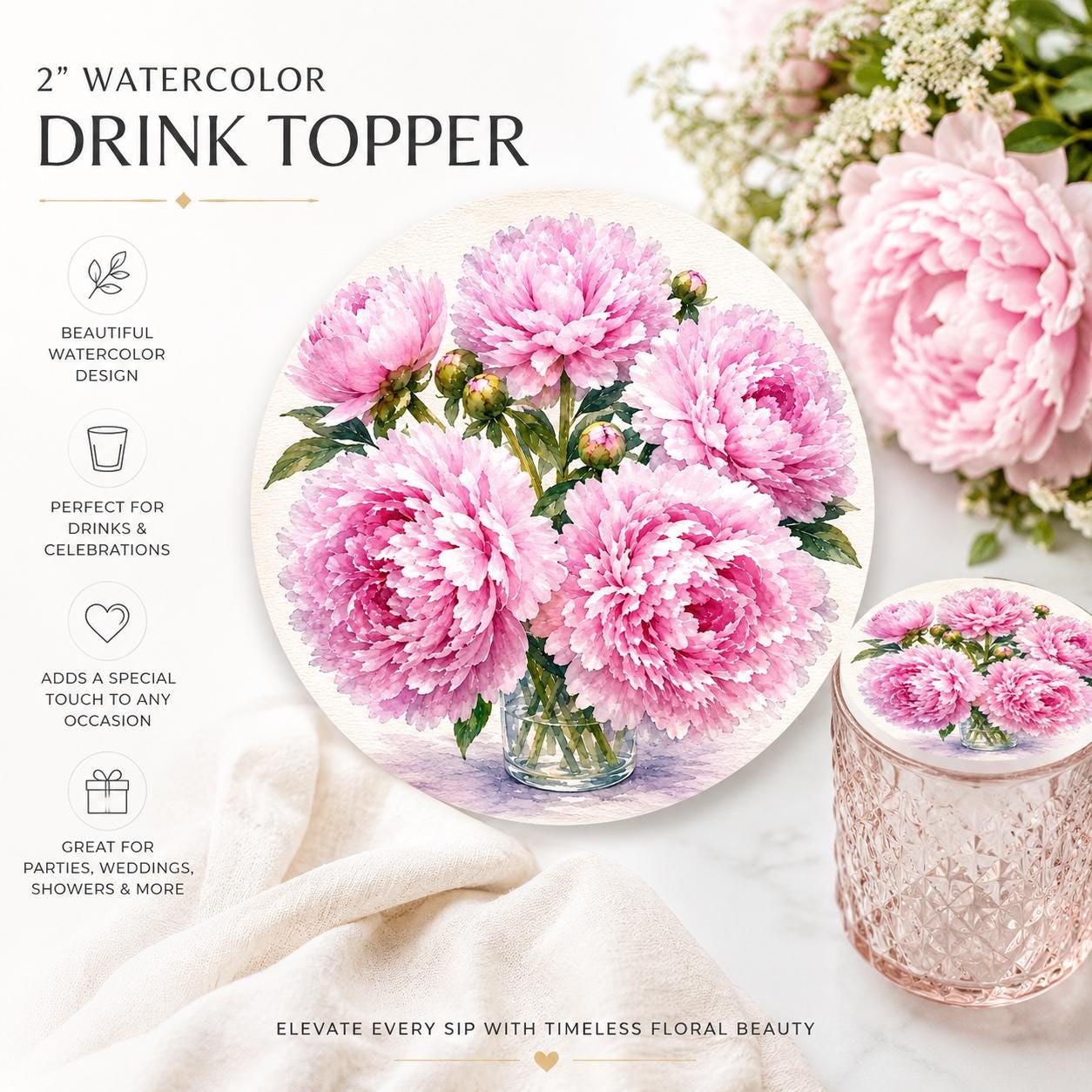 Elegant peony edible drink topper featuring a detailed floral design, available in wafer paper and icing sheet options. Measuring 2 inches, this edible flower decoration is perfect for cocktails, champagne glasses, mocktails, cupcakes, dessert cups, and party treats. Ideal for weddings, bridal showers, birthdays, anniversaries, engagement parties, and garden-themed events. Beautiful floral drink decoration that adds a sophisticated and decorative touch to special occasion beverages and desserts.