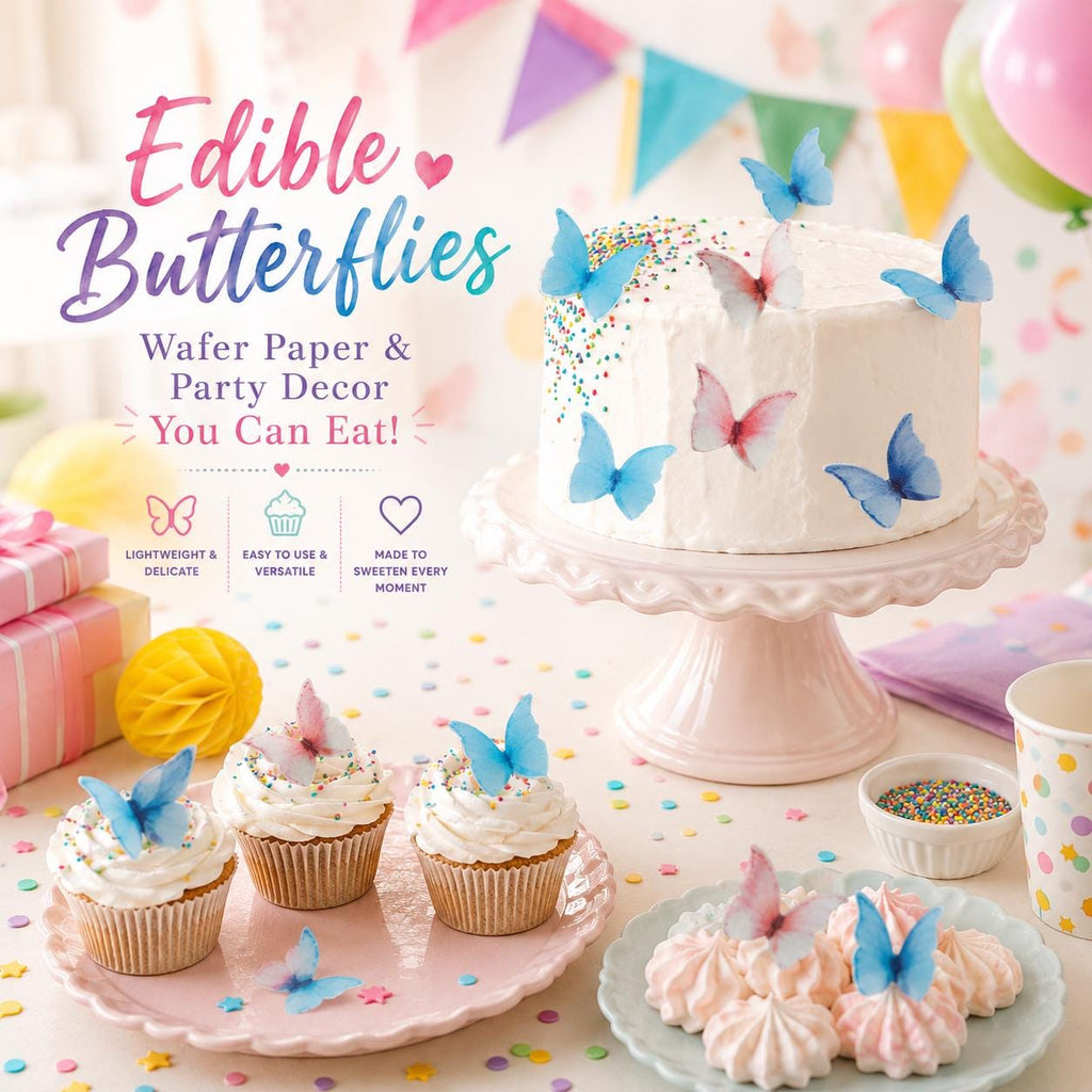 Colorful edible butterfly cake toppers made from rice wafer paper, featuring assorted sizes and vibrant designs. Set of 40 pre-cut butterflies for decorating cakes, cupcakes, cookies, desserts, fruit platters, and party treats. Lightweight edible decorations with foldable wings for a realistic 3D effect. Perfect for weddings, birthdays, baby showers, bridal showers, princess parties, anniversaries, and spring or summer themed celebrations.