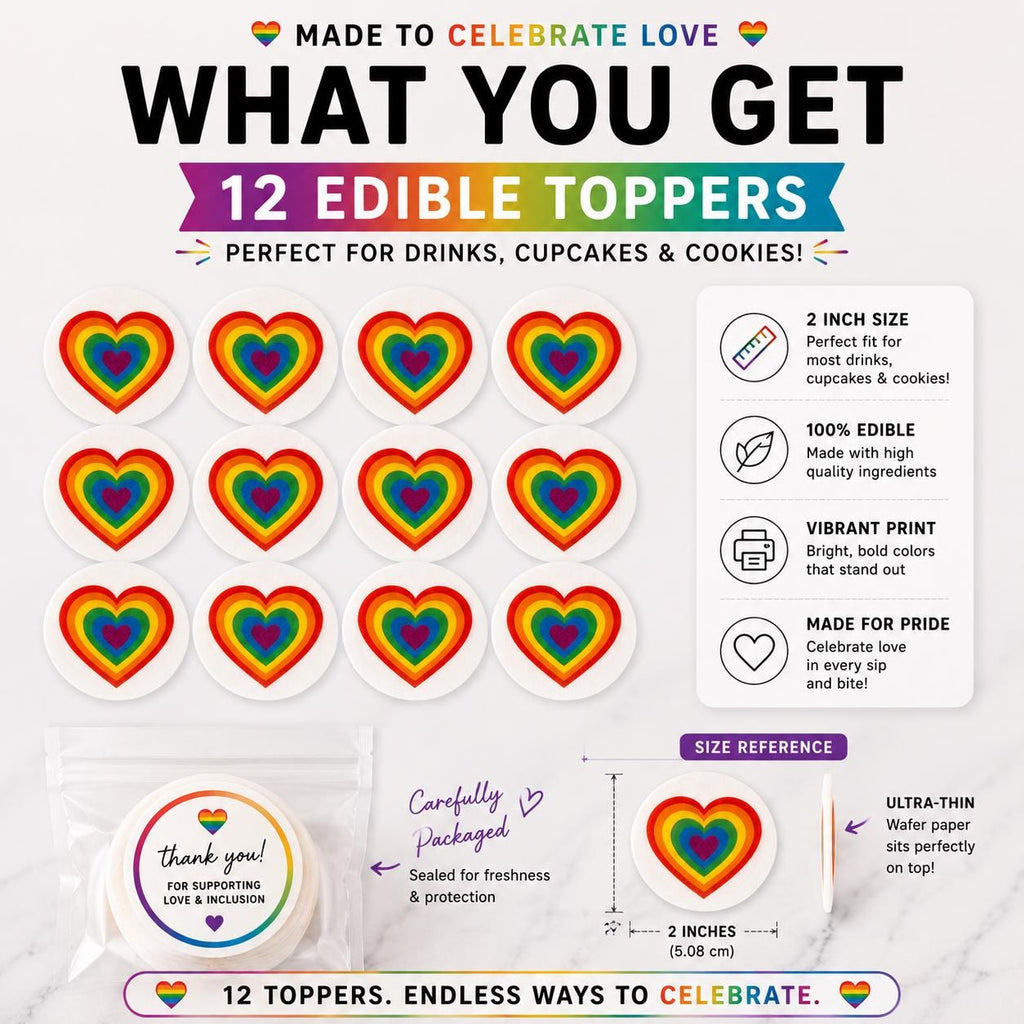 PRIDE RAINBOW EDIBLE Drink Toppers: Cupcake Toppers Set of 12, Wafer Paper And Icing Sheet, Party Decor