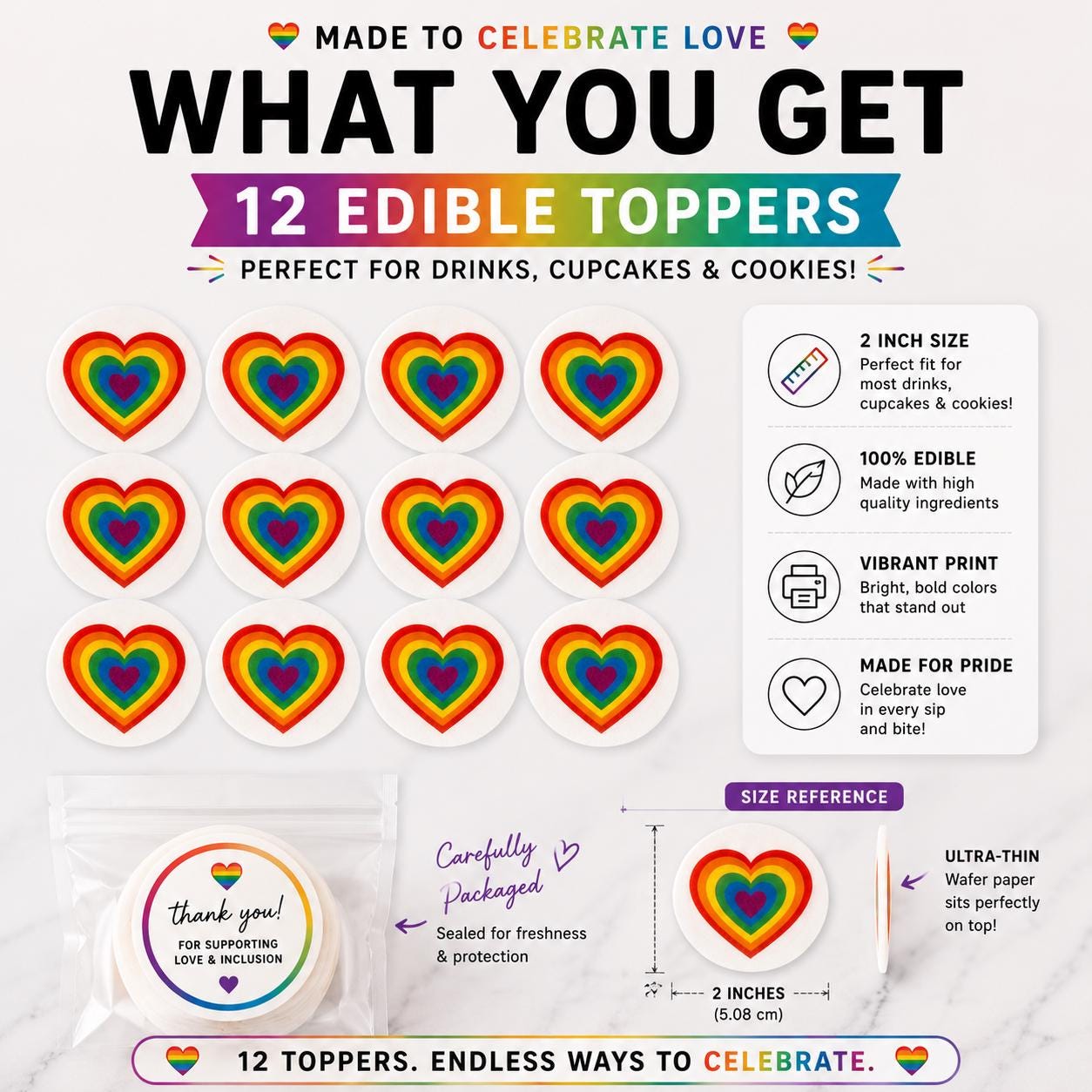 PRIDE RAINBOW EDIBLE Drink Toppers: Cupcake Toppers Set of 12, Wafer Paper And Icing Sheet, Party Decor