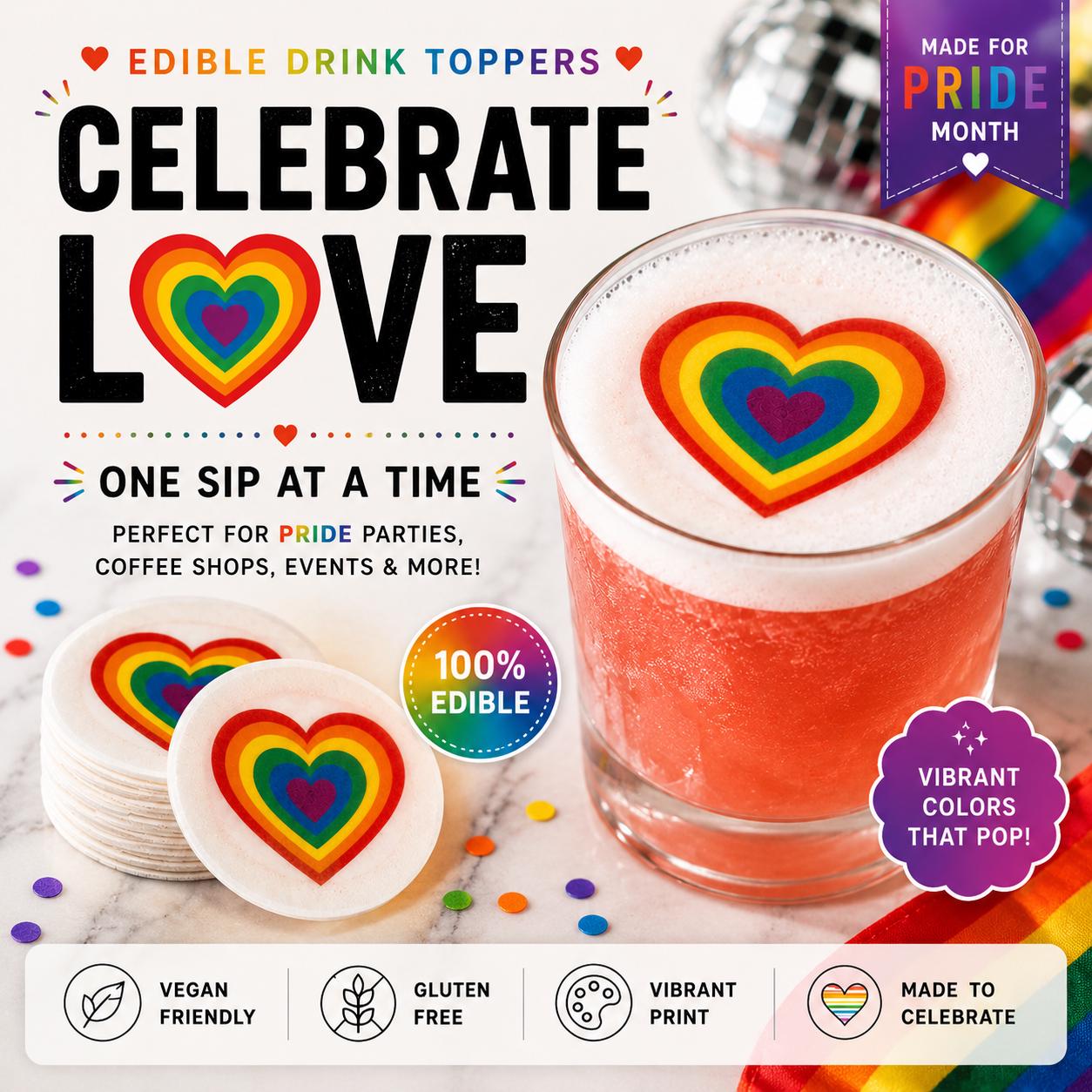 PRIDE RAINBOW EDIBLE Drink Toppers: Cupcake Toppers Set of 12, Wafer Paper And Icing Sheet, Party Decor