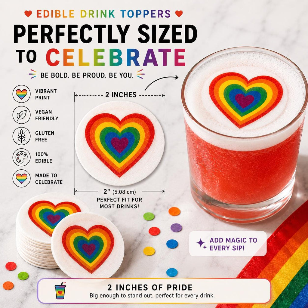 PRIDE RAINBOW EDIBLE Drink Toppers: Cupcake Toppers Set of 12, Wafer Paper And Icing Sheet, Party Decor