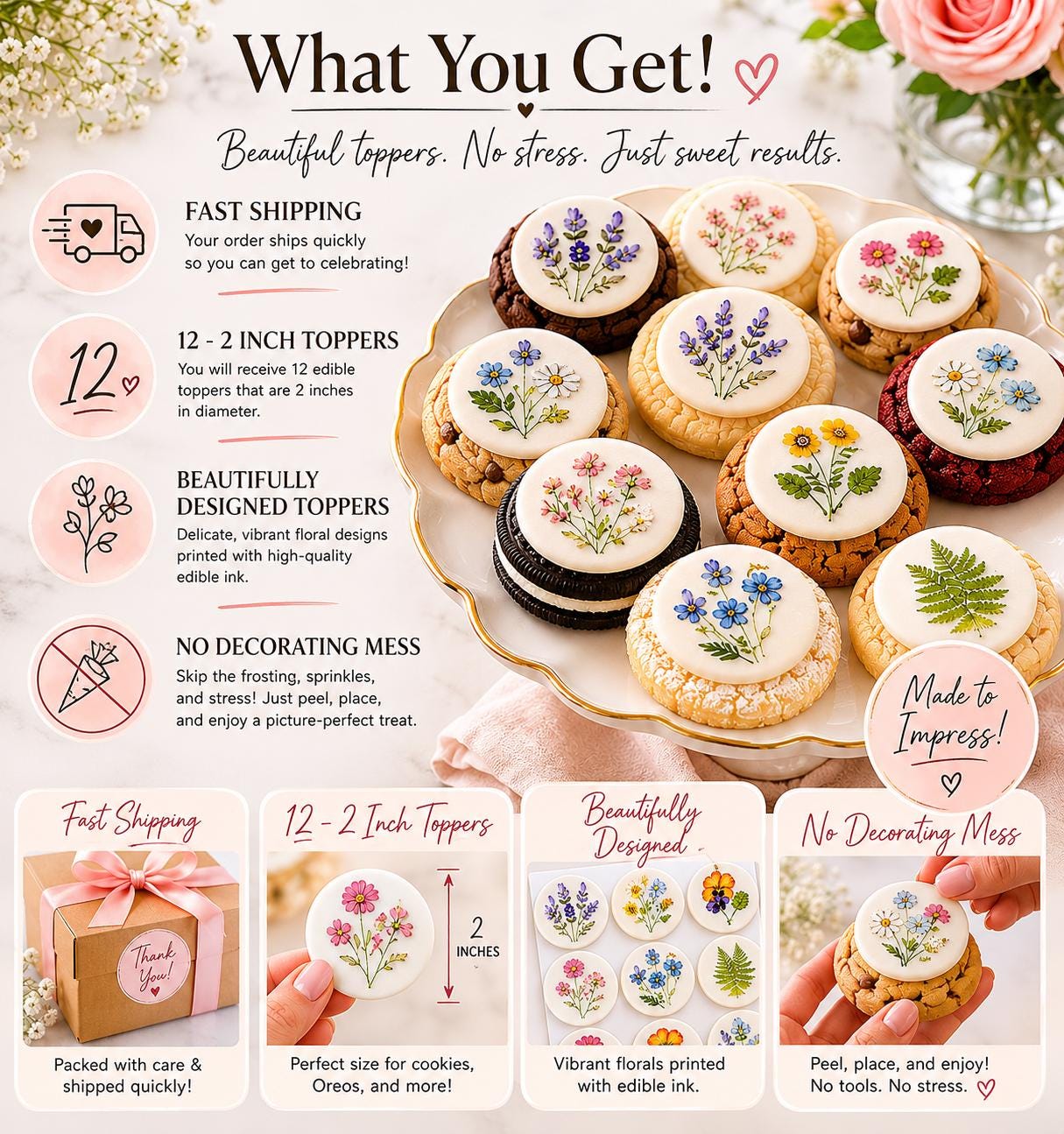Pressed Flower Edible Cookie Toppers Set of 12 Wafer Paper or Icing Sheet Wildflower Designs Wedding, Bridal Shower, Garden Party Cake Decor