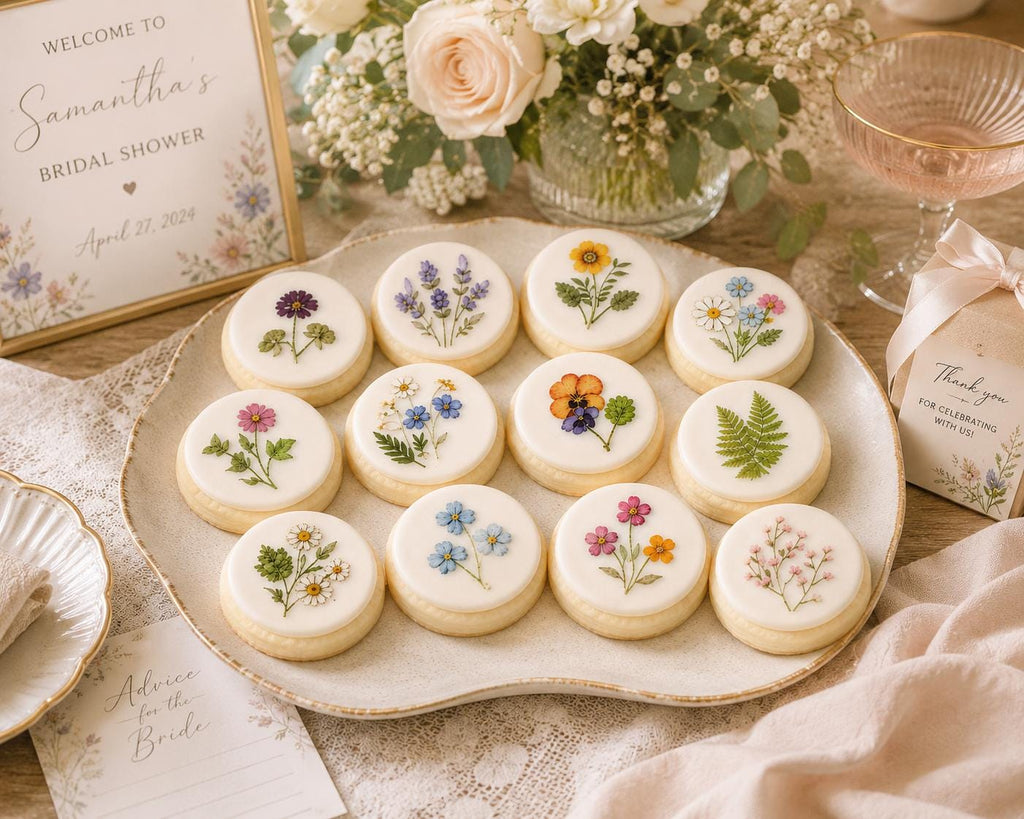 Pressed Flower Edible Cookie Toppers Set of 12 Wafer Paper or Icing Sheet Wildflower Designs Wedding, Bridal Shower, Garden Party Cake Decor