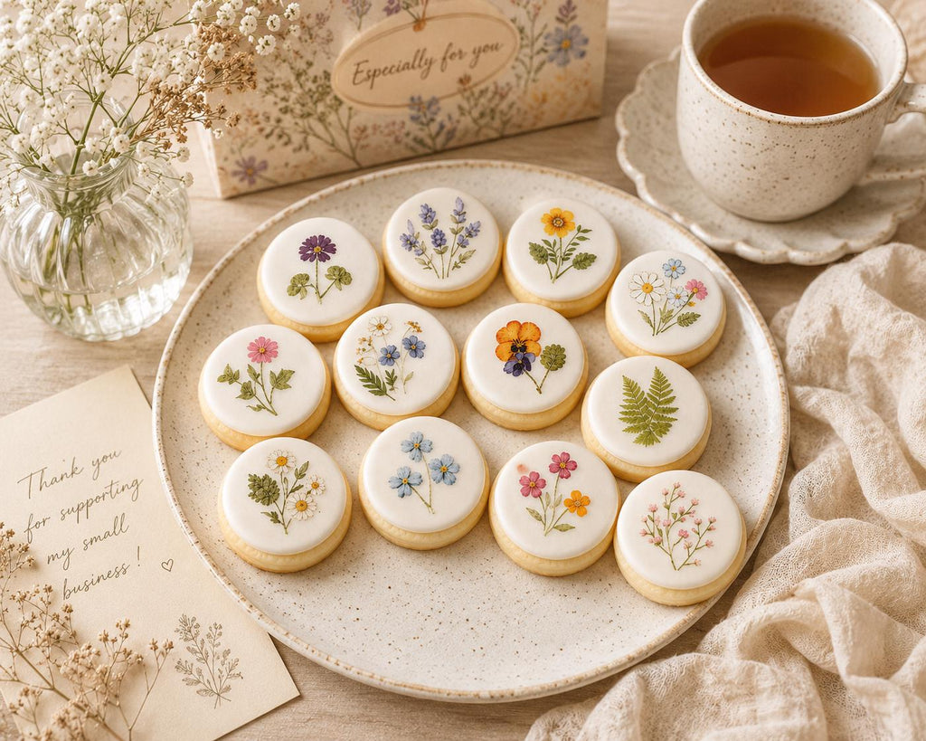 Pressed Flower Edible Cookie Toppers Set of 12 Wafer Paper or Icing Sheet Wildflower Designs Wedding, Bridal Shower, Garden Party Cake Decor