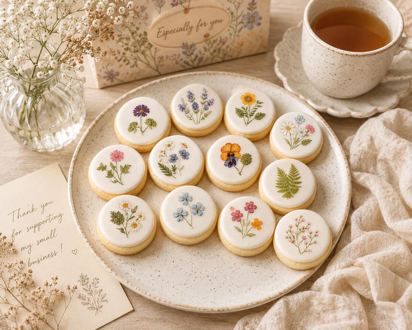 Pressed Flower Edible Cookie Toppers Set of 12 Wafer Paper or Icing Sheet Wildflower Designs Wedding, Bridal Shower, Garden Party Cake Decor
