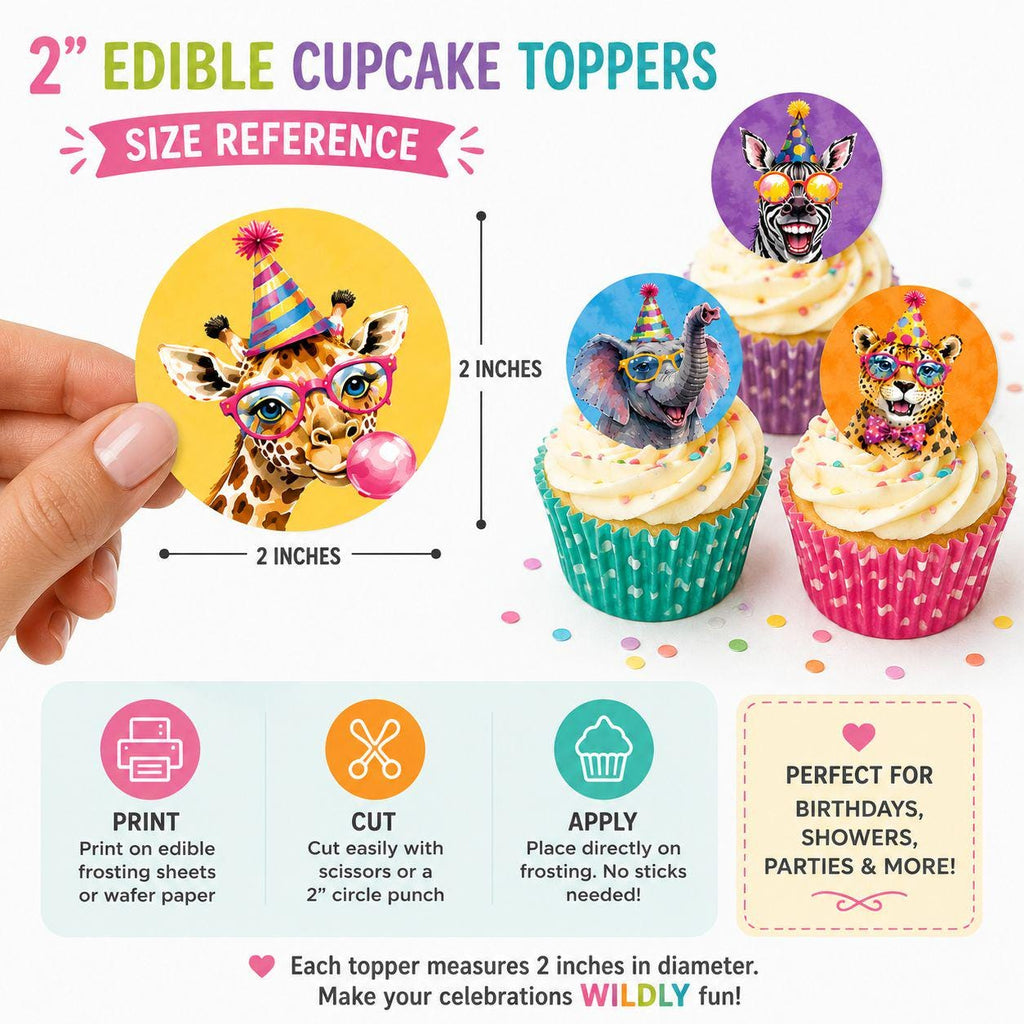 Safari cake topper set with cute jungle animals for cakes, cupcakes, and party desserts. Edible toppers printed on wafer paper or frosting sheets, perfect for Wild One birthdays, safari baby showers, zoo & jungle themed parties. Colorful decorations for dessert tables. Set of 12 edible toppers, easy to apply on cakes, cookies & cupcakes